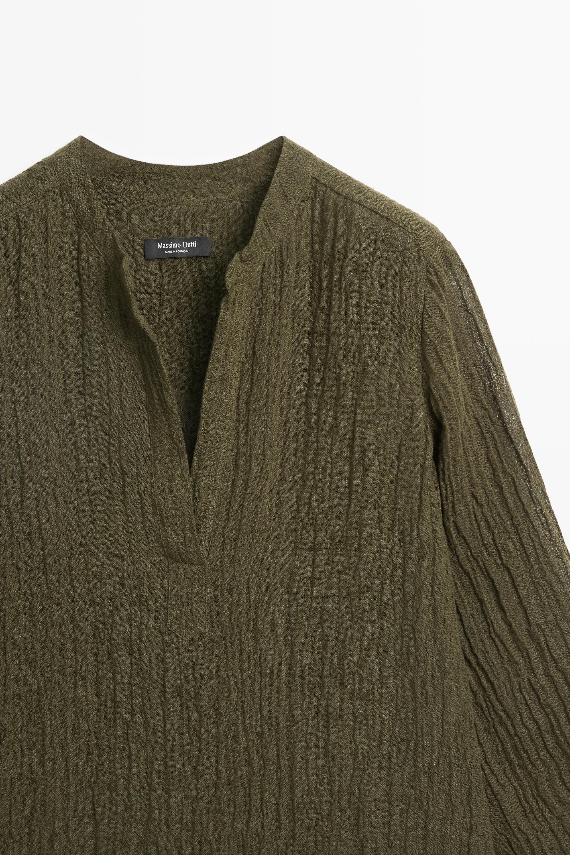 Linen blend waffle-knit shirt dress — GREEN