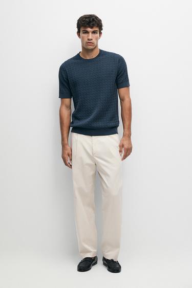 Cable-knit short sleeve sweater — DARK BLUE 1