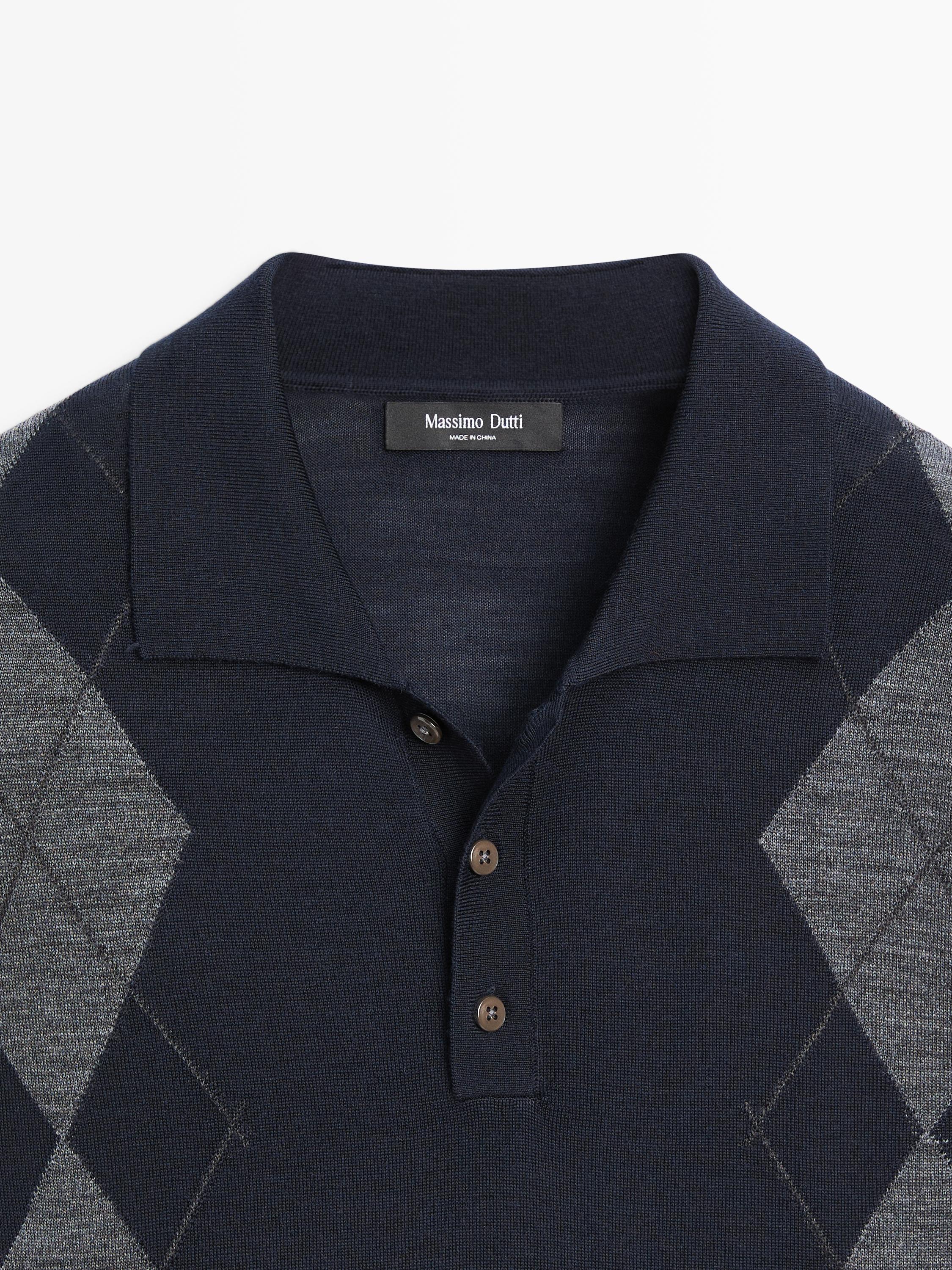 Merino wool blend argyle knit polo sweater — NAVY BLUE