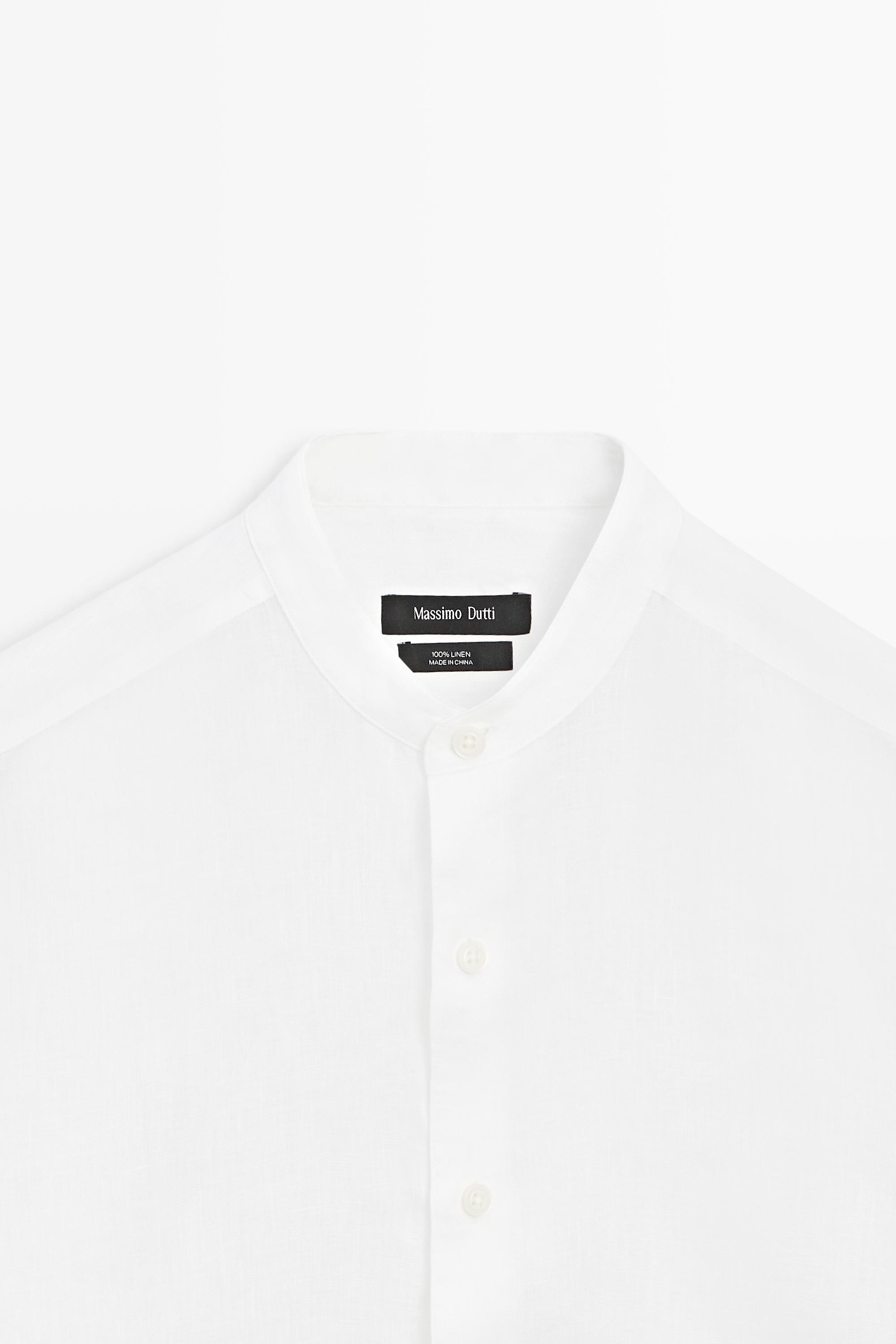 100% linen regular fit stand collar shirt — WHITE