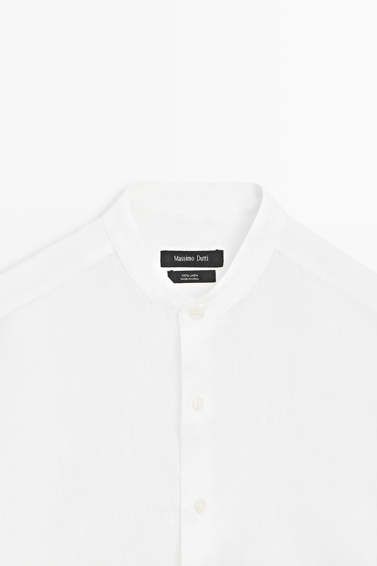 100% linen regular fit stand collar shirt — WHITE