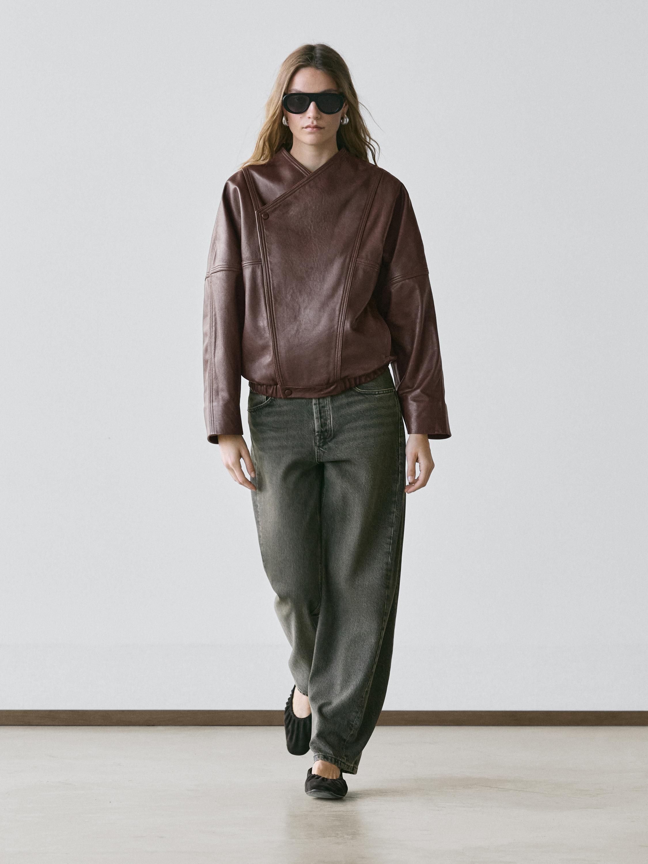 Asymmetrical nappa leather bomber jacket