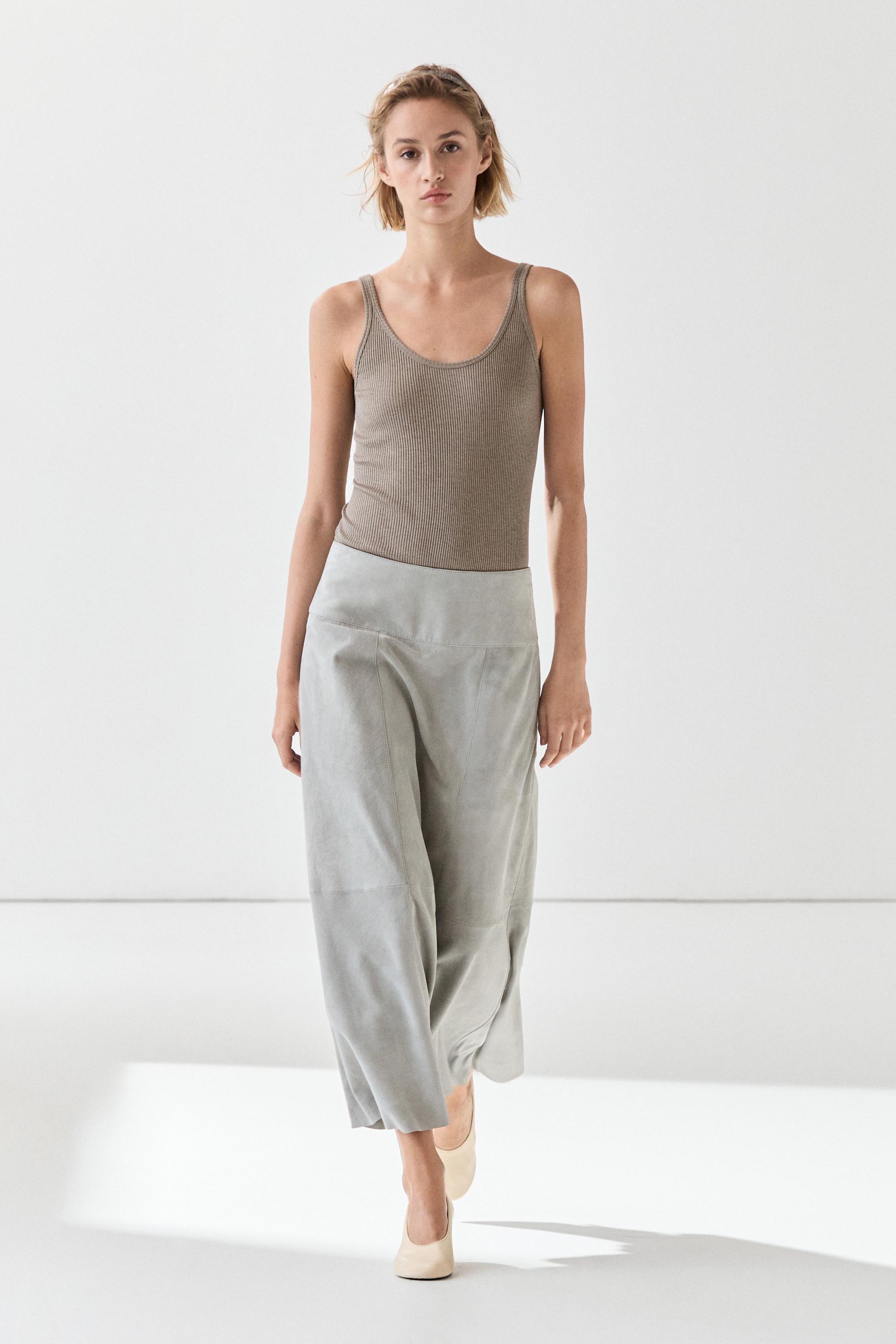 Suede flared midi skirt with sash — BLUISH GREY