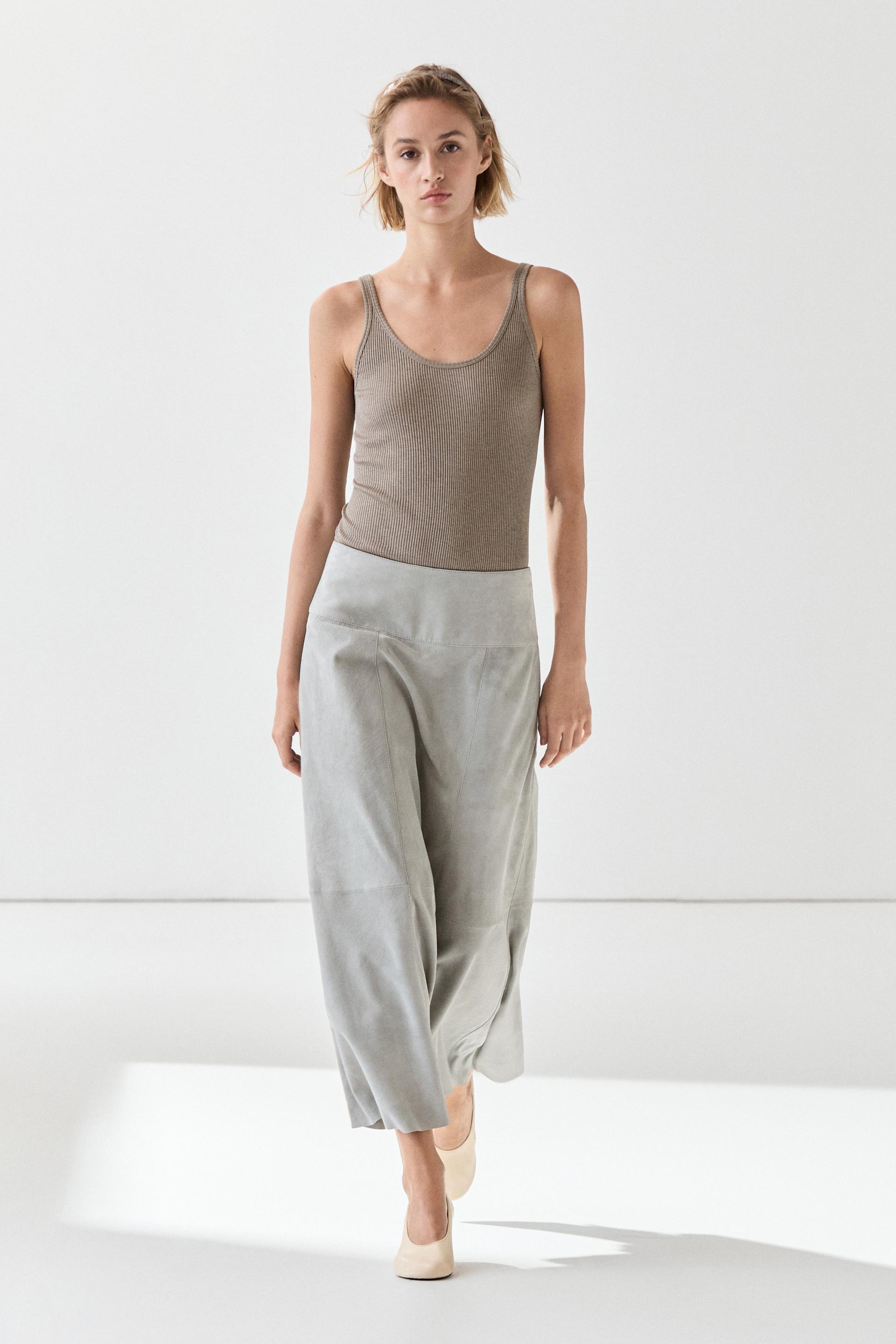 Jupe À Ceinture En Cuir Et Daim - Gris Bleuté - L - Massimo Dutti - Femme