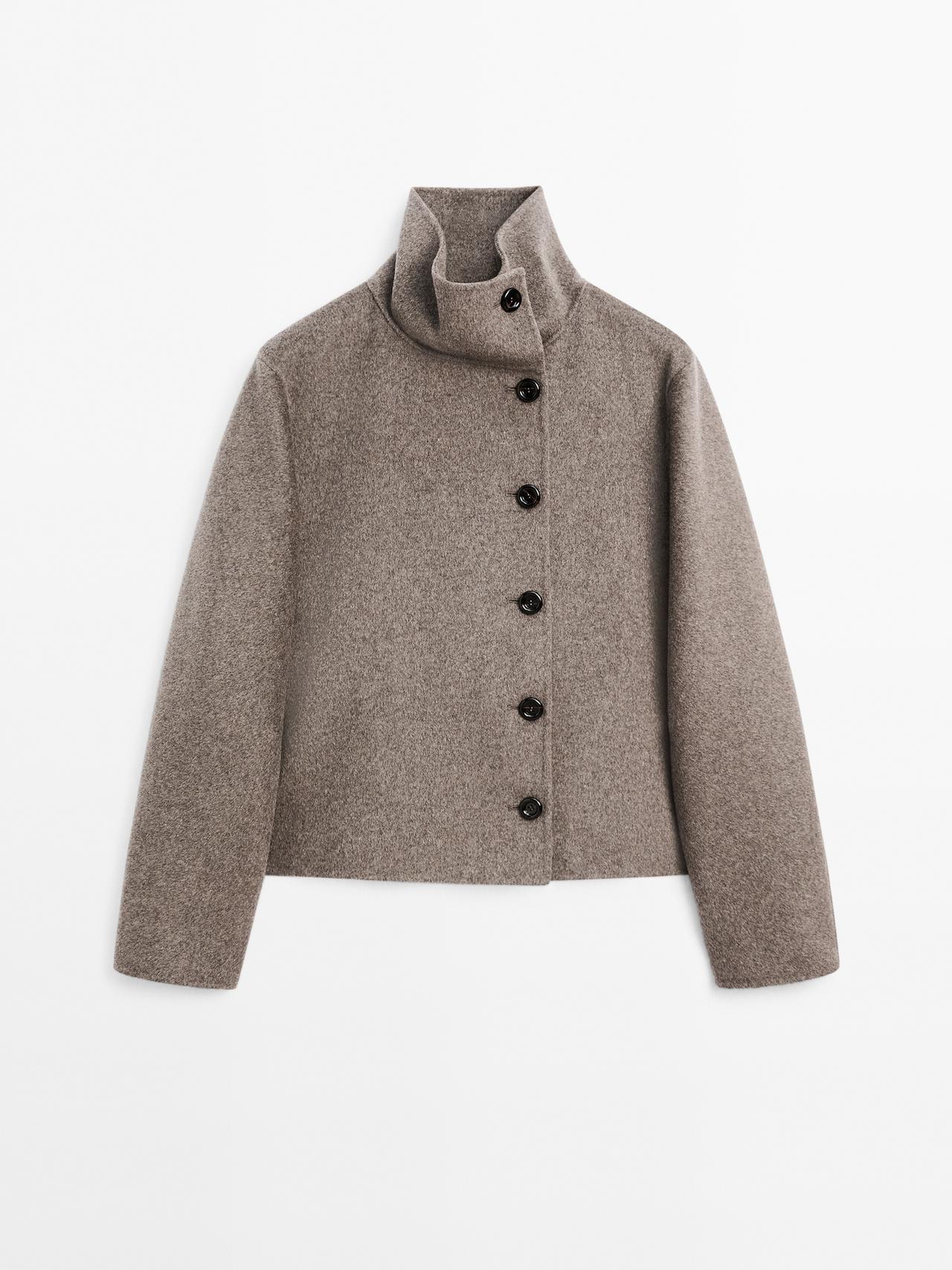 Massimo Dutti - Dame - Kort Frakke I Uldblanding Med Høj Hals - Grå-Naturlig - S
