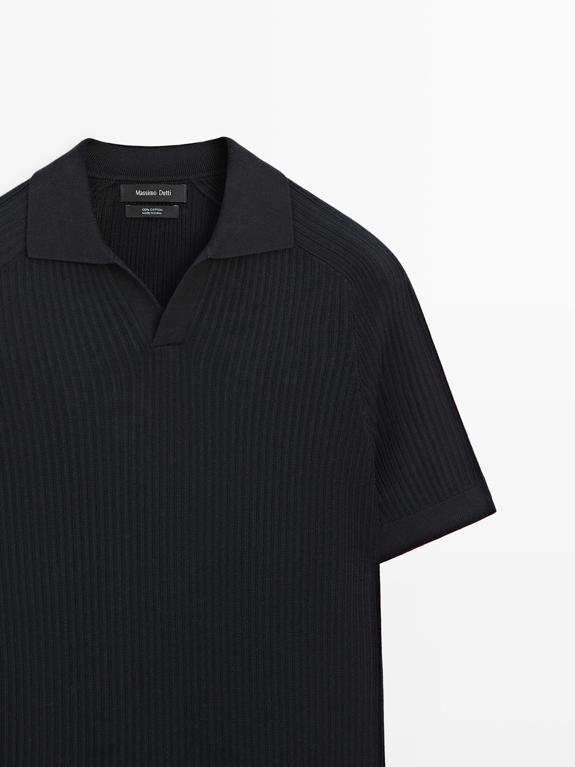 Ribbed knit cotton polo sweater — NAVY BLUE