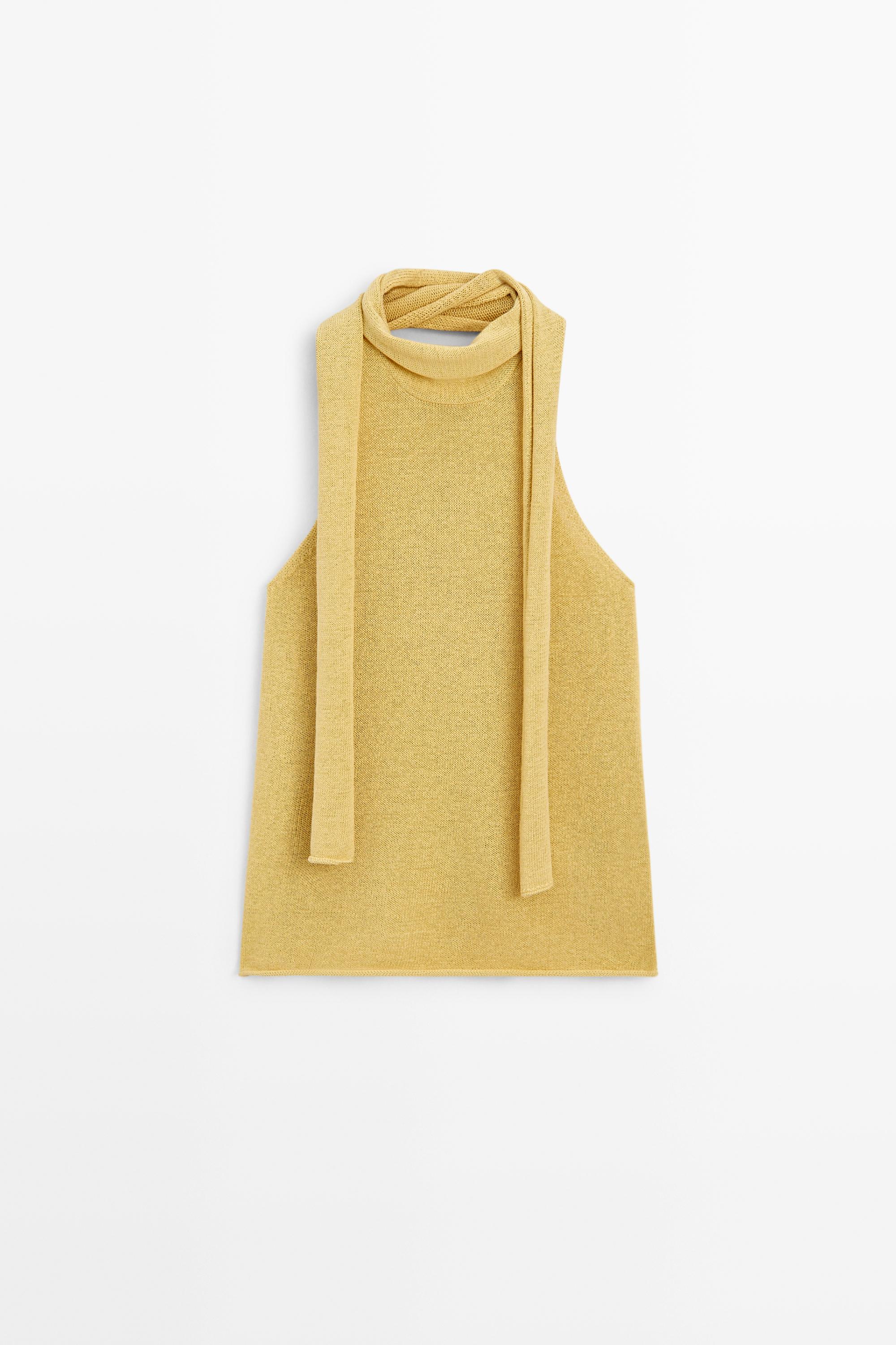 Linen blend halter top with tie detail — LIME