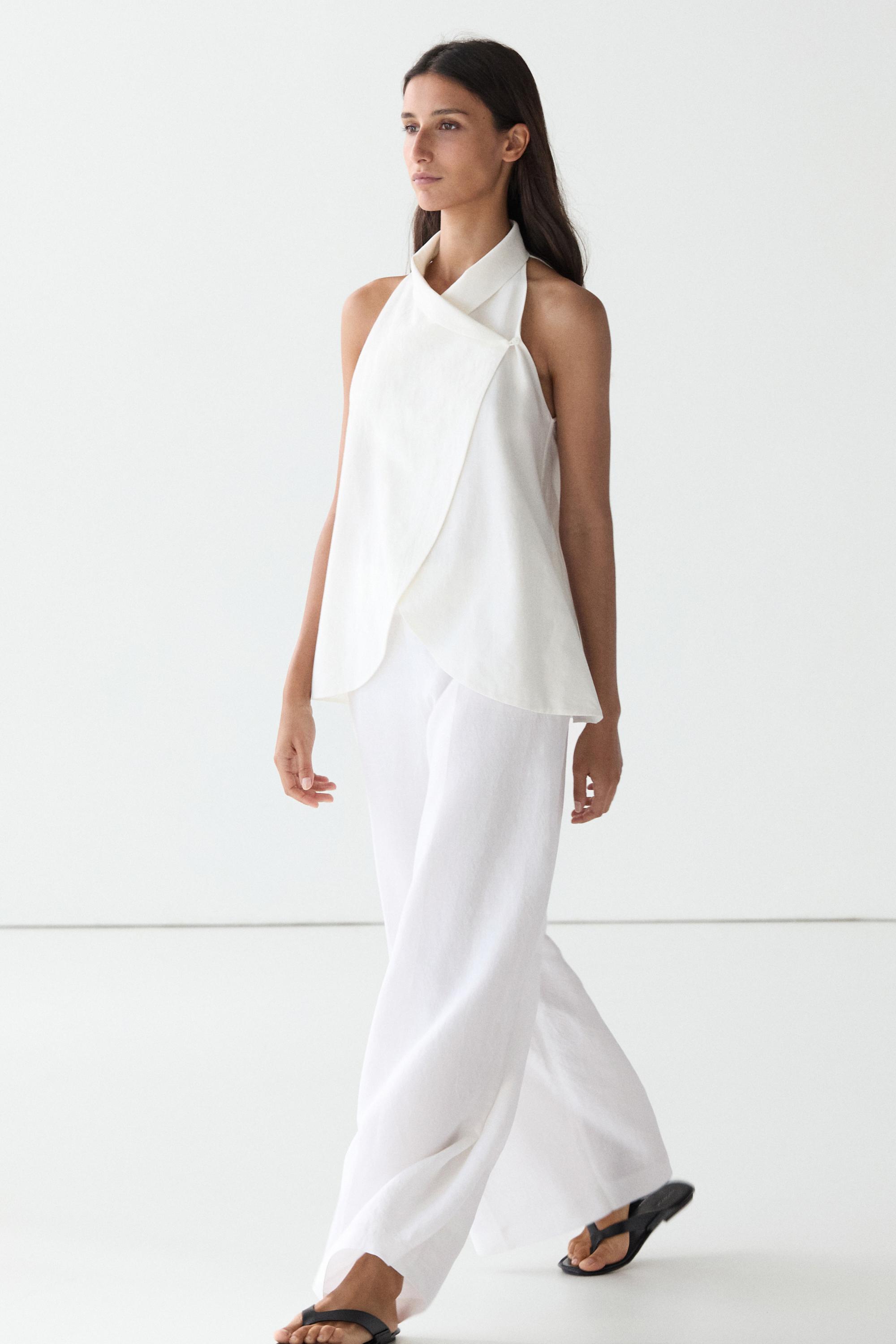 Total look flowing linen blend trousers — WHITE