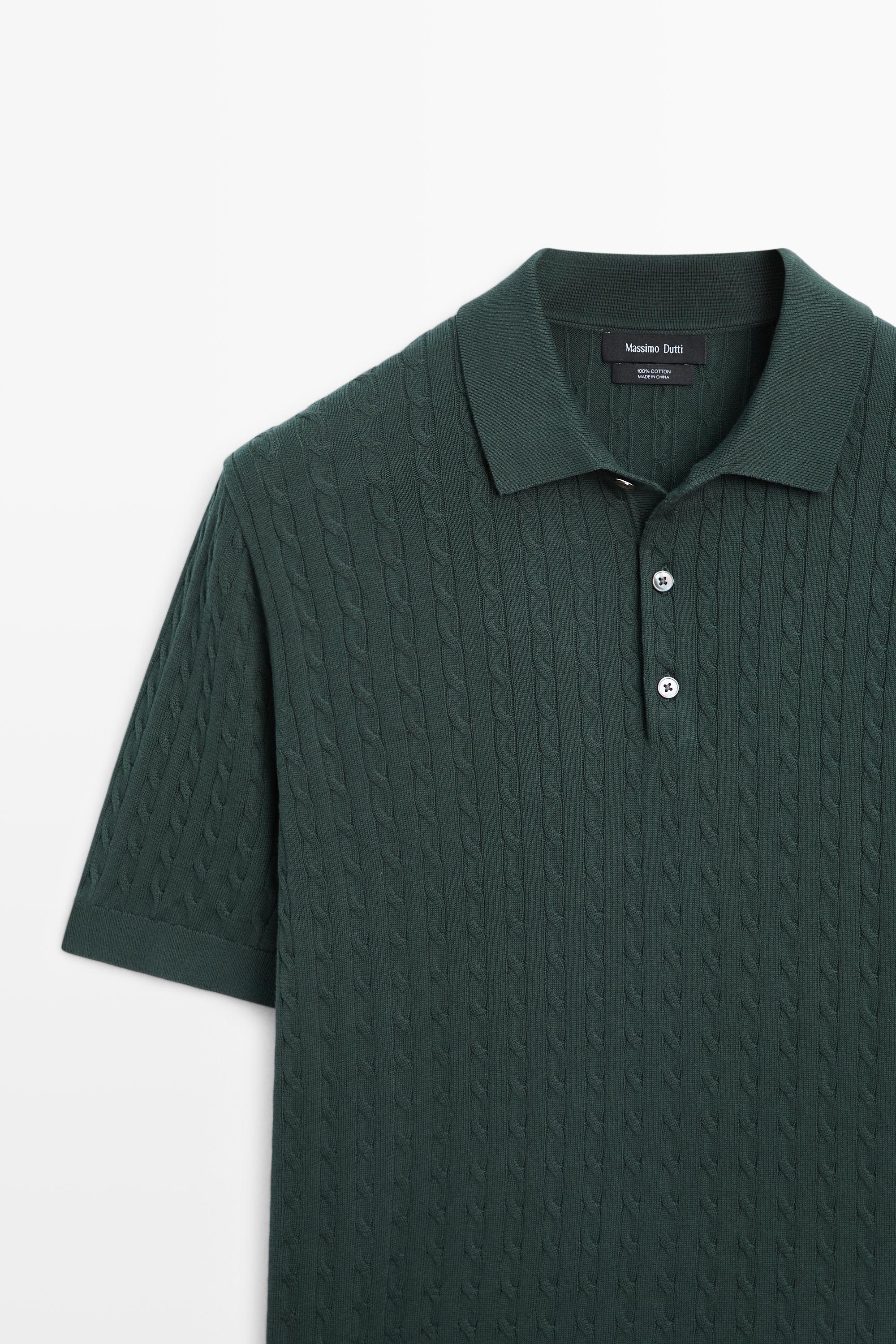 100% cotton cable-knit polo shirt — DARK BOTTLE GREEN