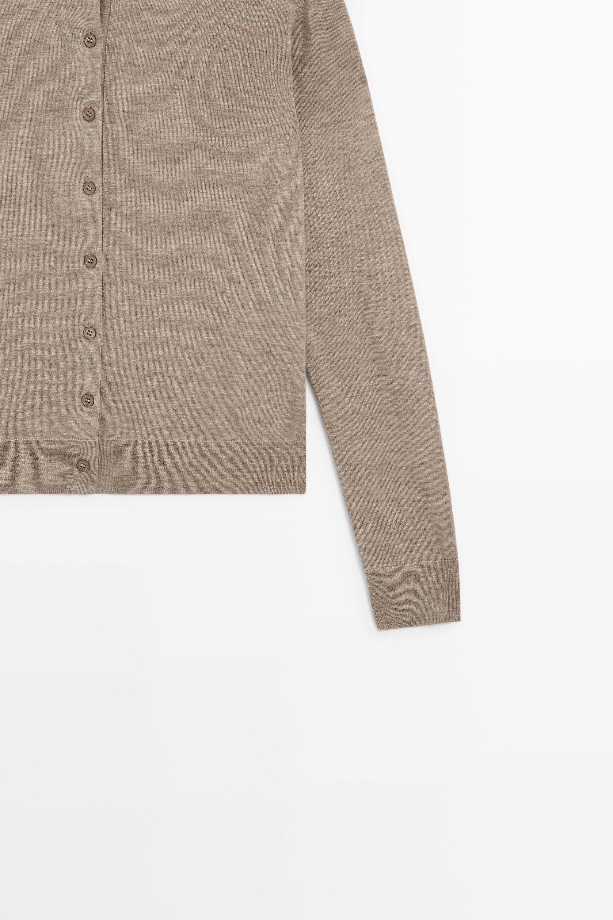 Fine-knit round neck cardigan — BEIGE MARL