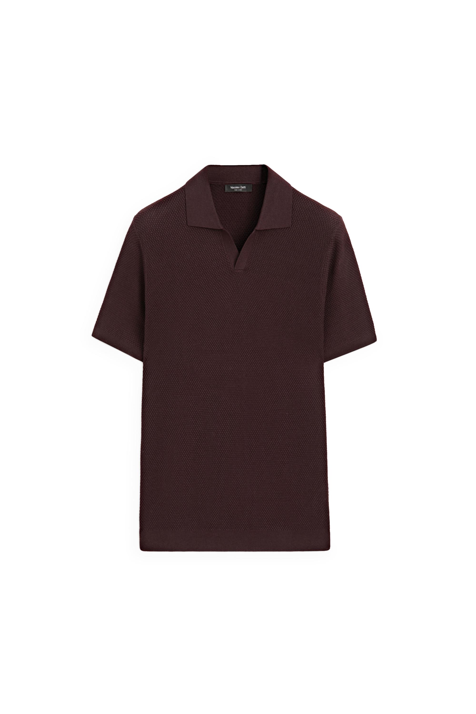 Cotton blend knit V-neck polo shirt — BURGUNDY