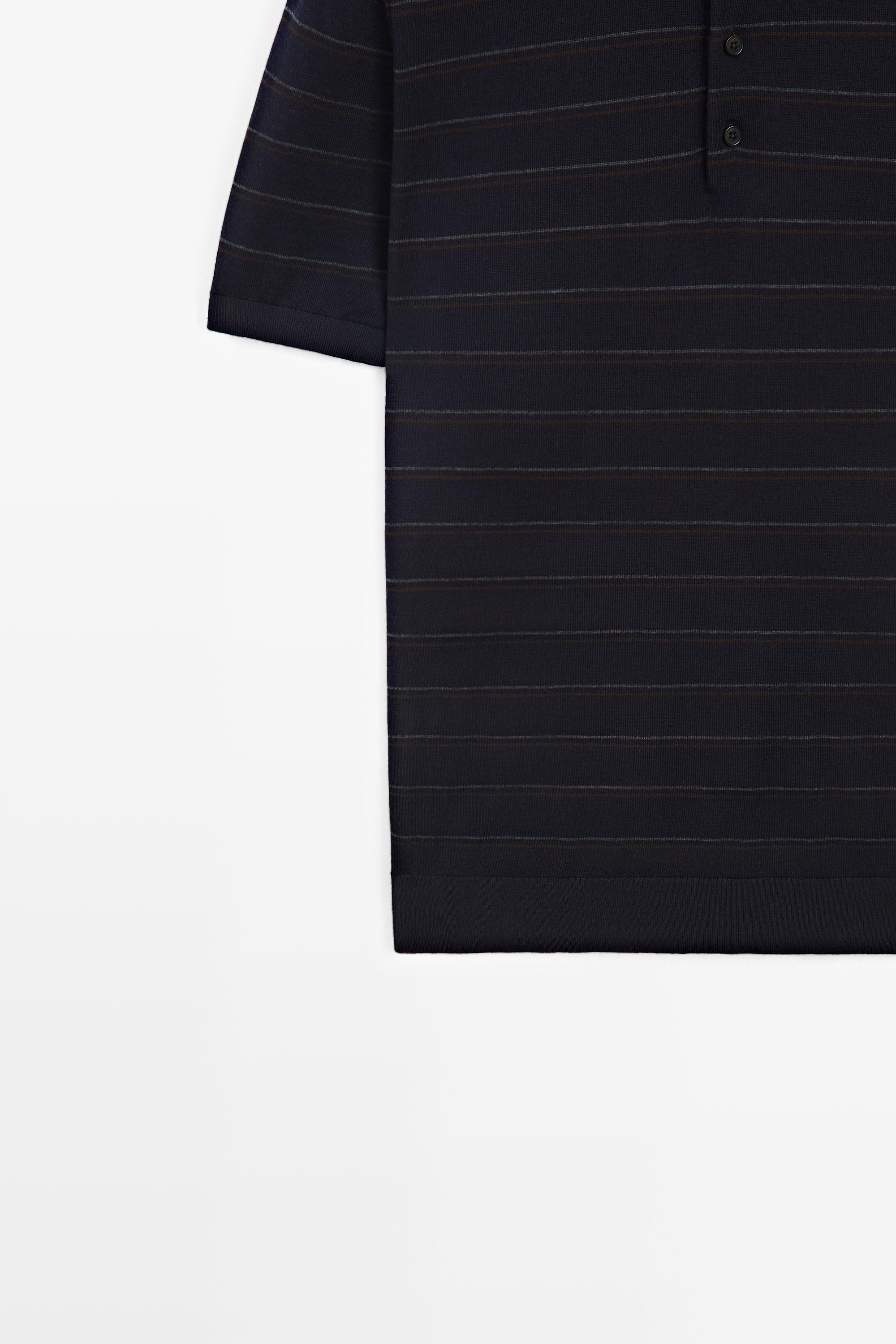 Striped short sleeve knit polo sweater — NAVY BLUE