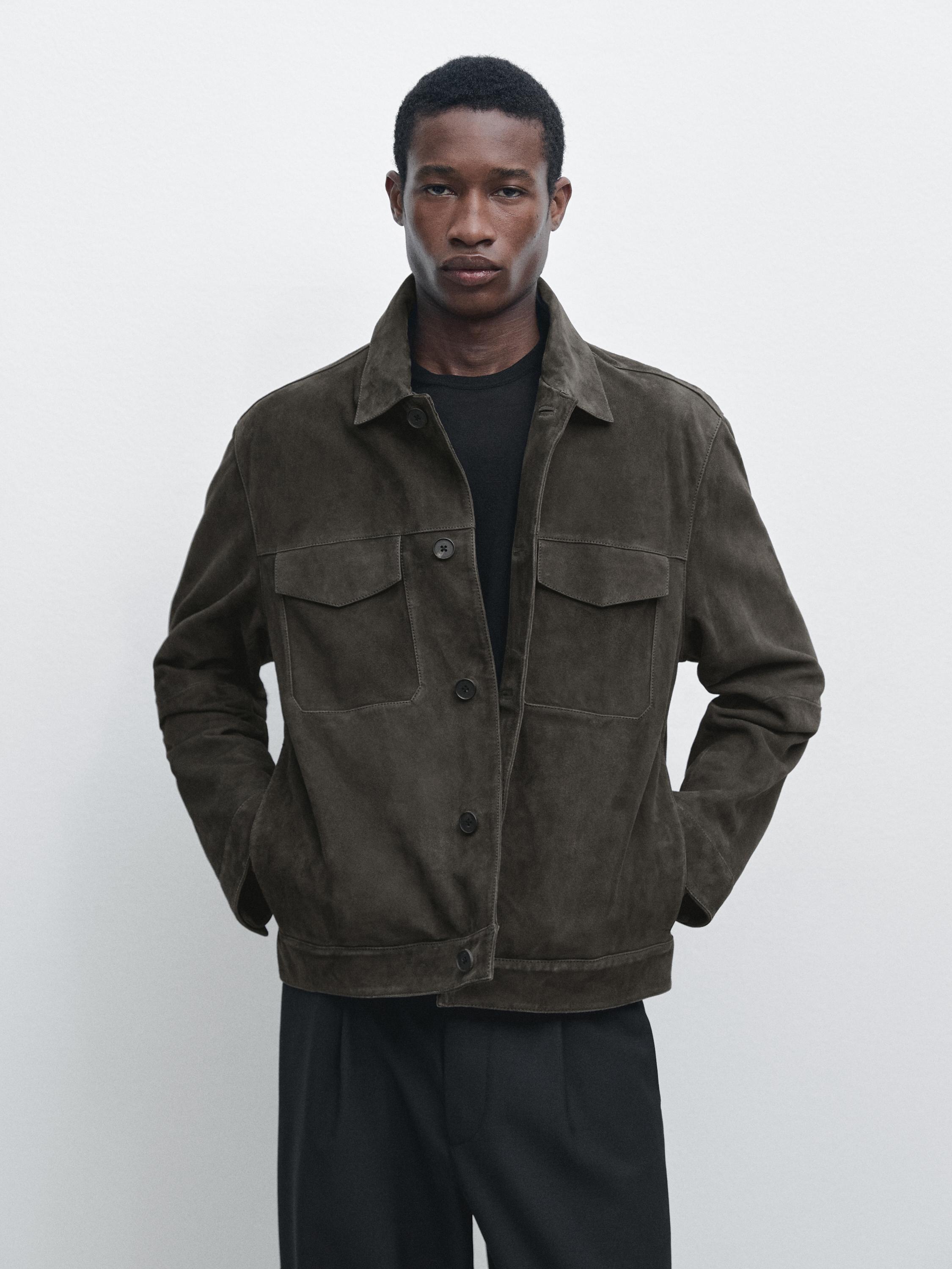 Suede leather jacket with pockets — BLUISH GREY
