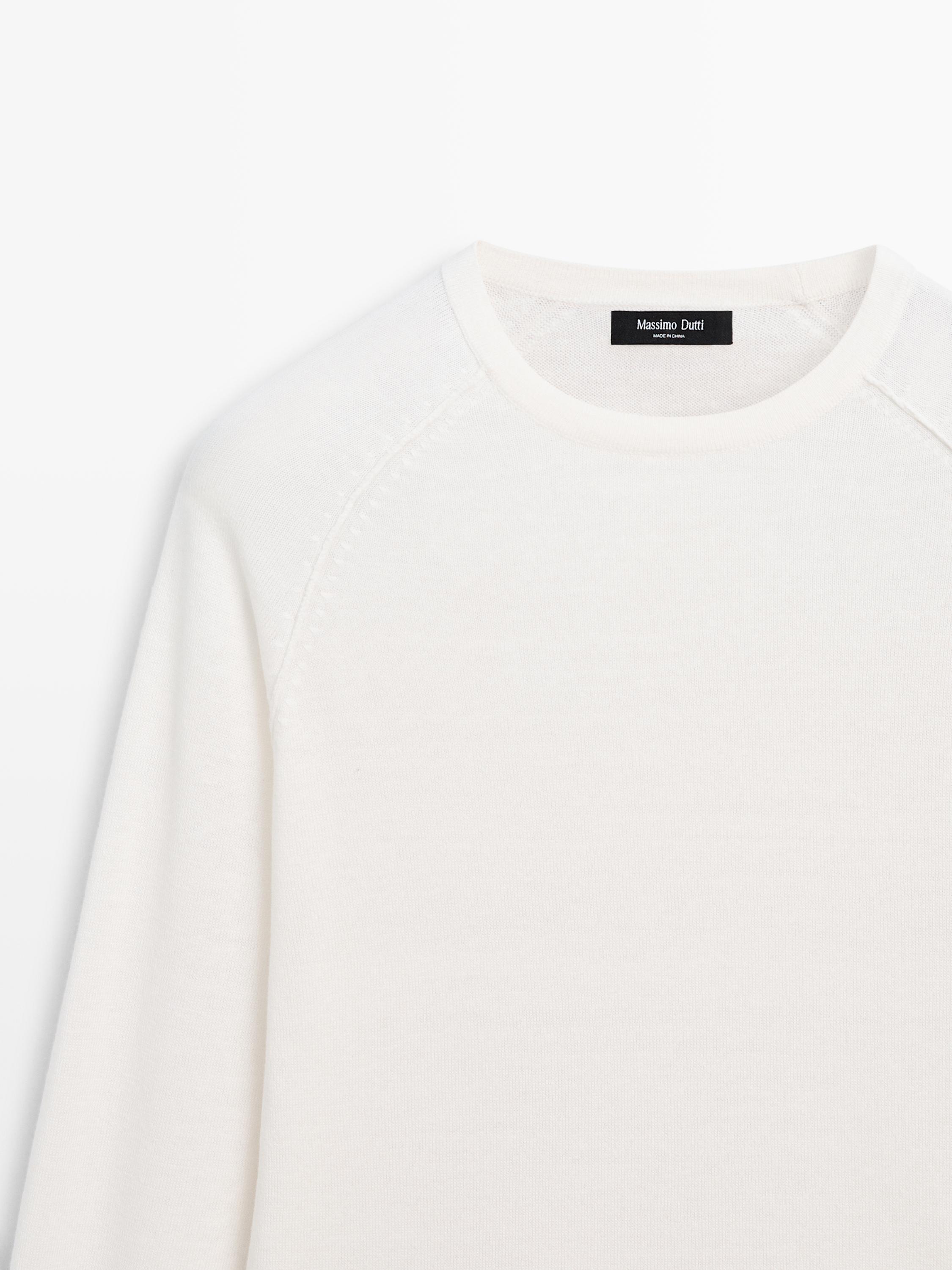Linen blend knit crew neck sweater — CREAM