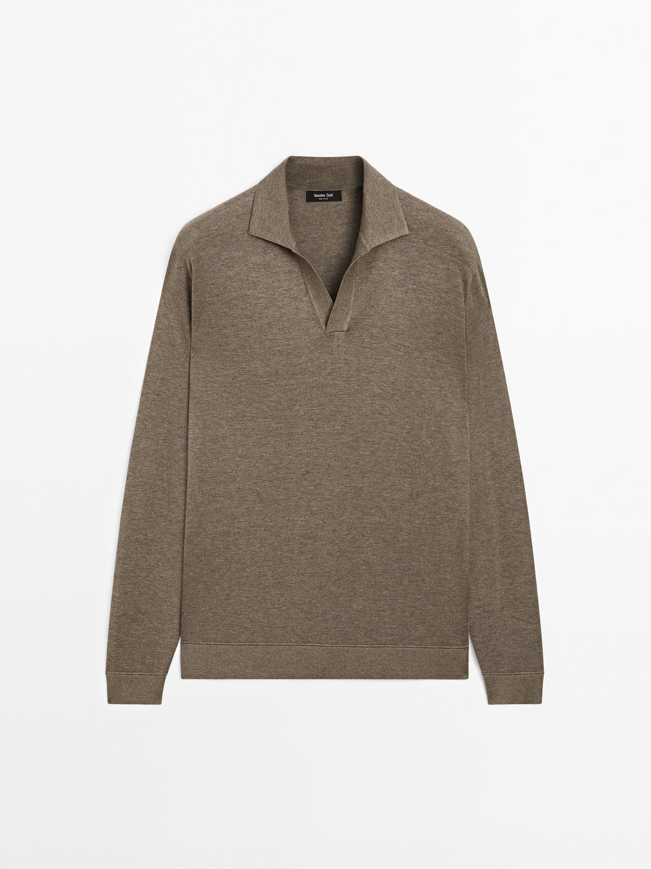 Massimo Dutti - Herre - Strikket Trøje Med Polokrave - Kaki - Xl