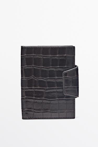 Crocodile-textured leather passport holder — BROWN 1