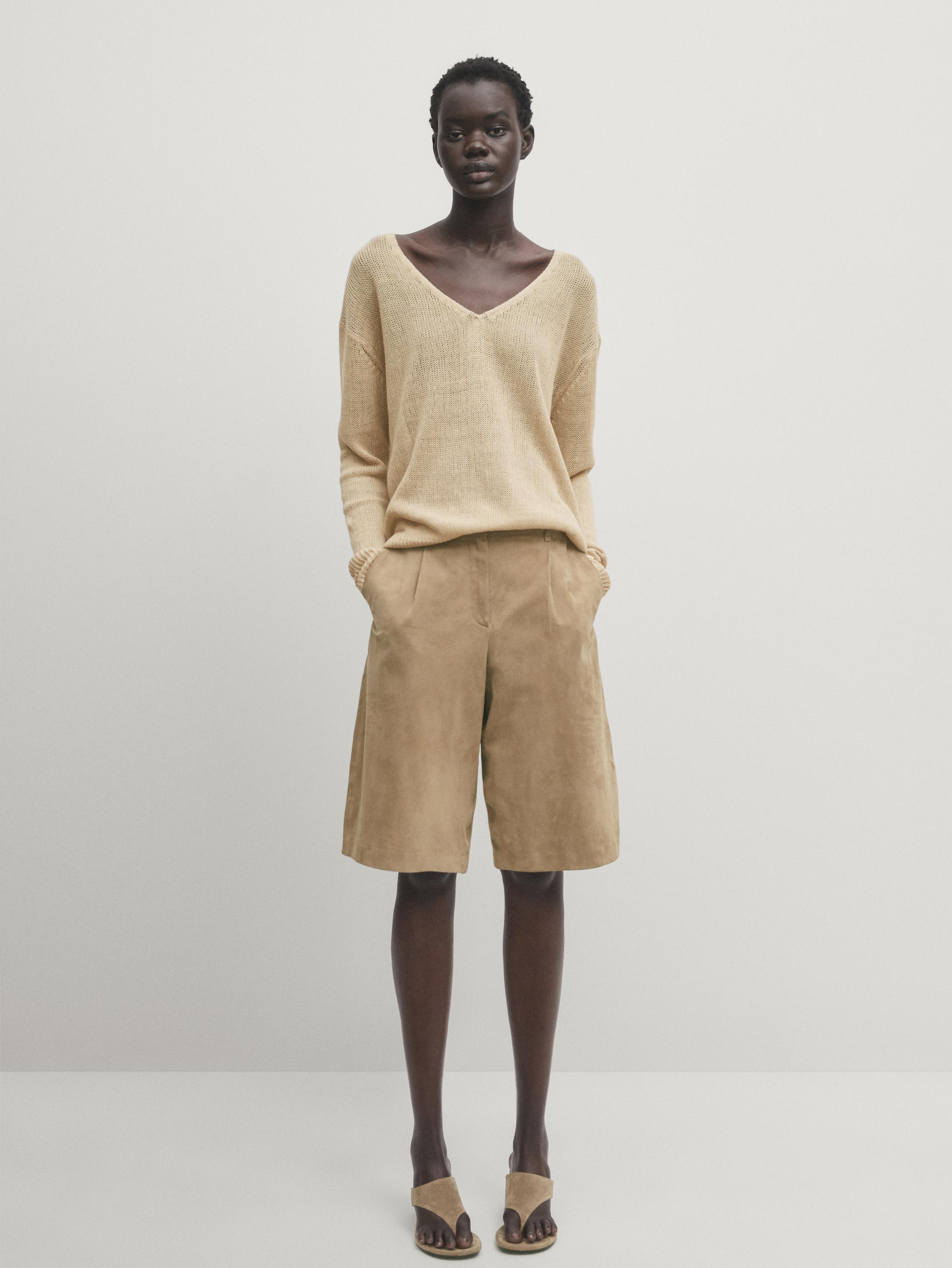 Pull en maille 100 % lin à col en V