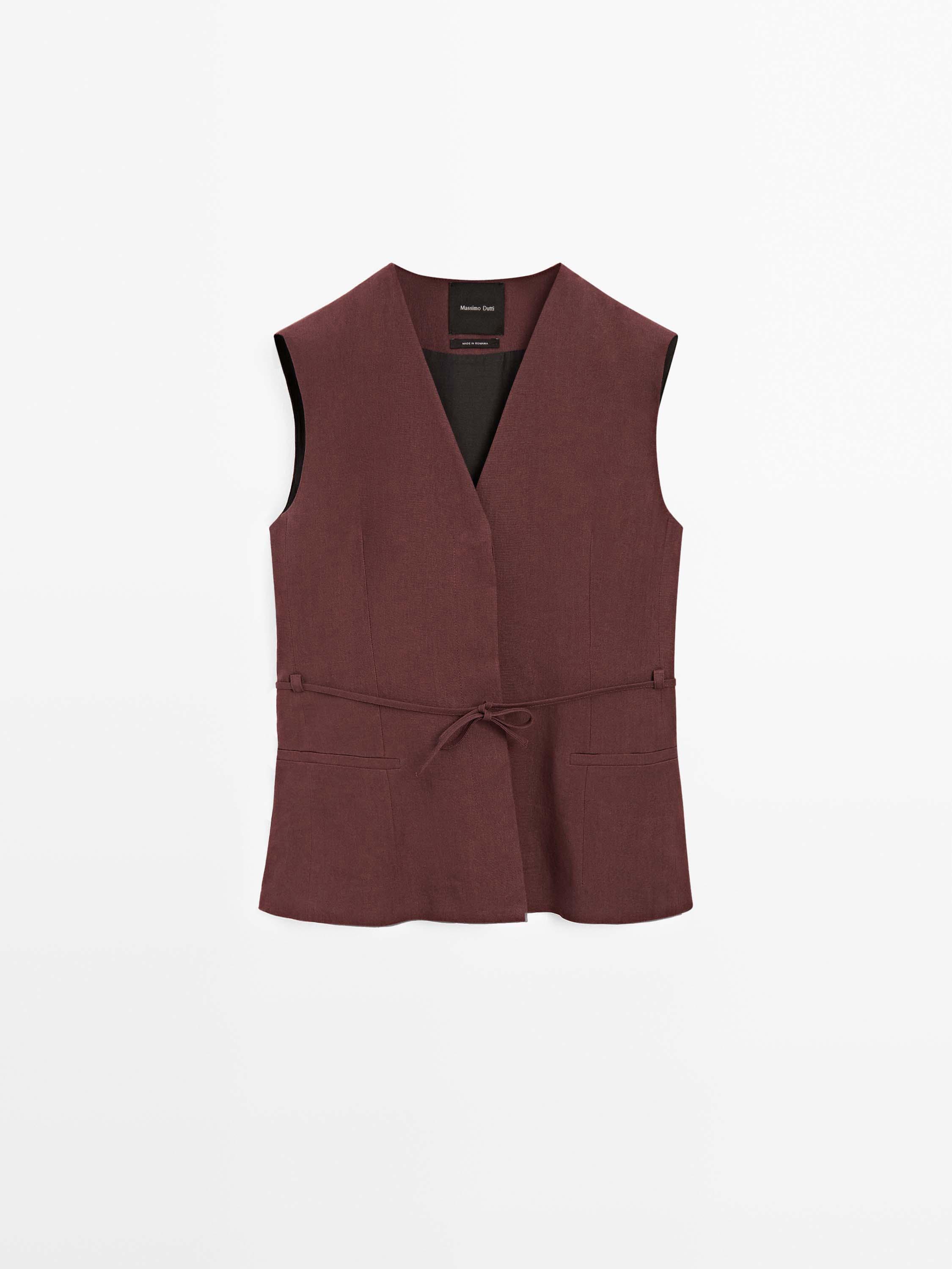 Long 100% linen waistcoat with ribbons