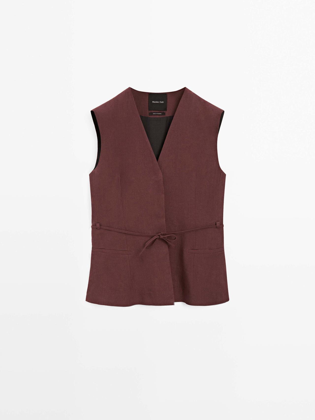 Massimo Dutti - Dame - Lang Vest I 100 % Hør Med Bånd - Granatrød - S
