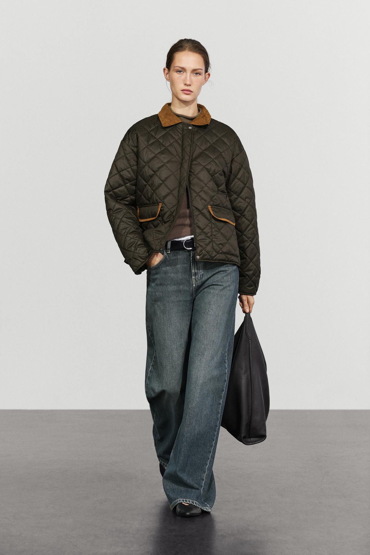 Padded short jacket with leather combination — DEEP BLUE