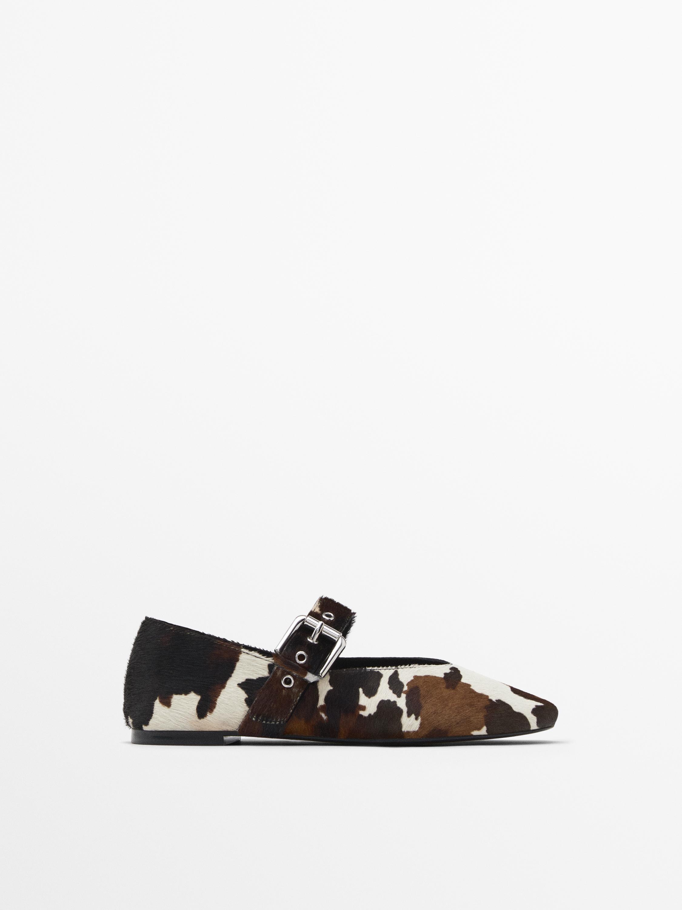 Animal print furskin ballet flats with buckle