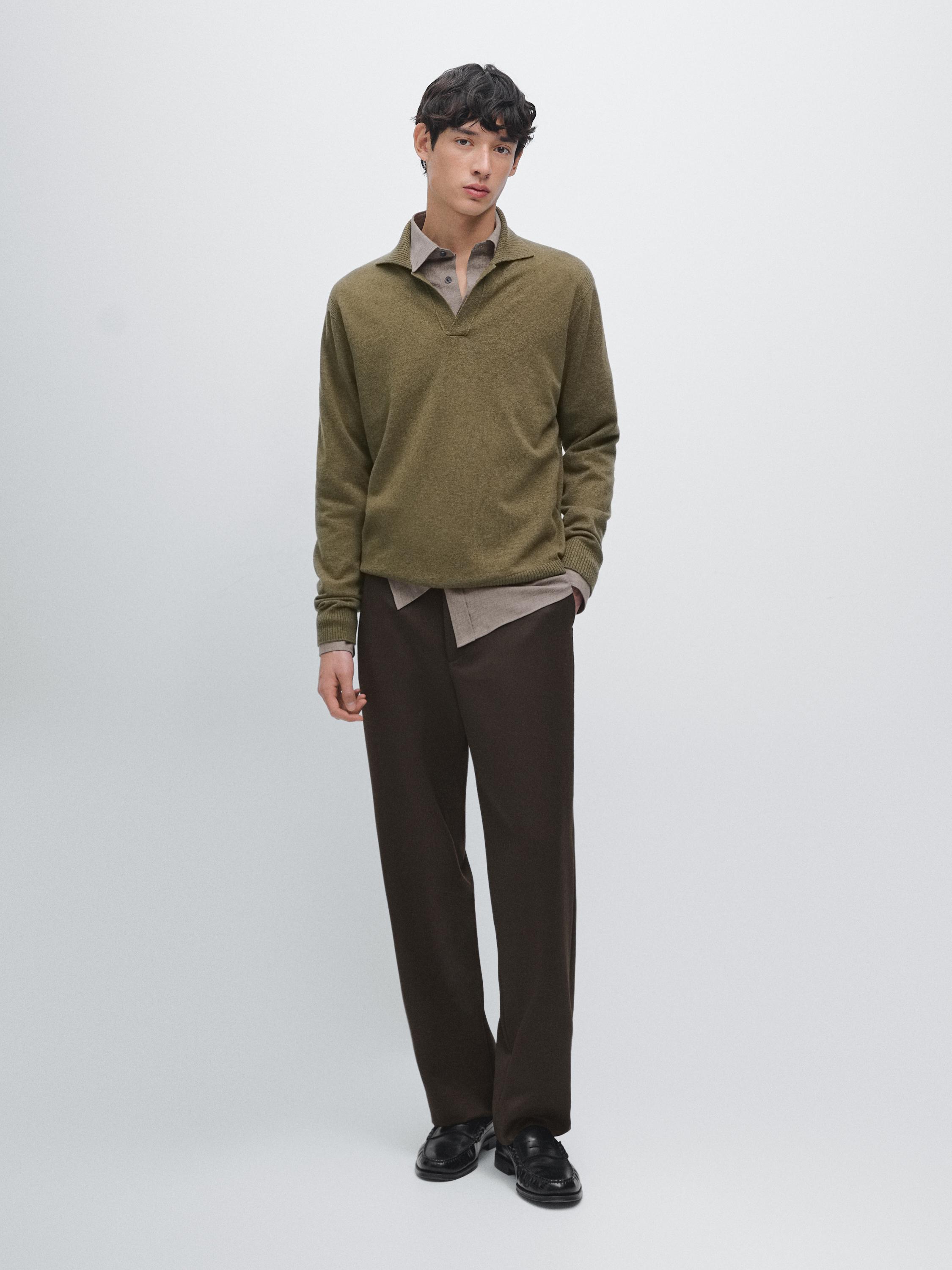Wool V-neck knit polo sweater