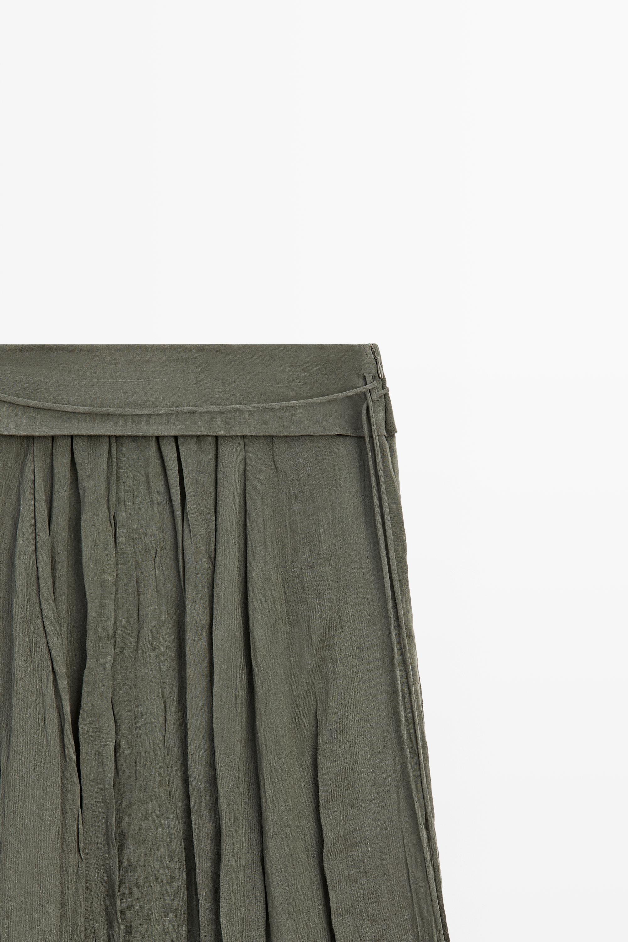 Ramie blend midi skirt with gathered detail — GREEN