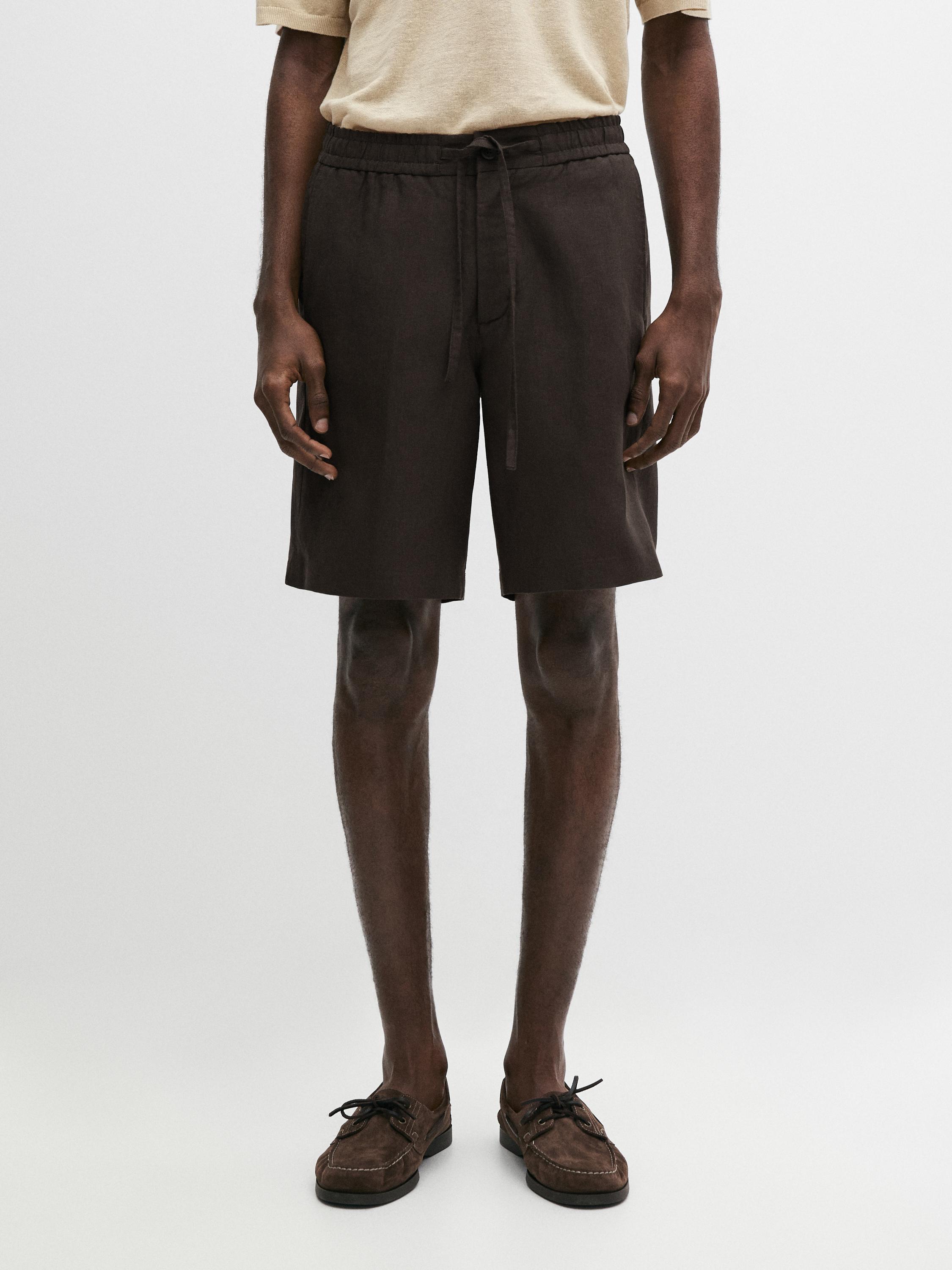 100% linen short Bermuda shorts — BROWN