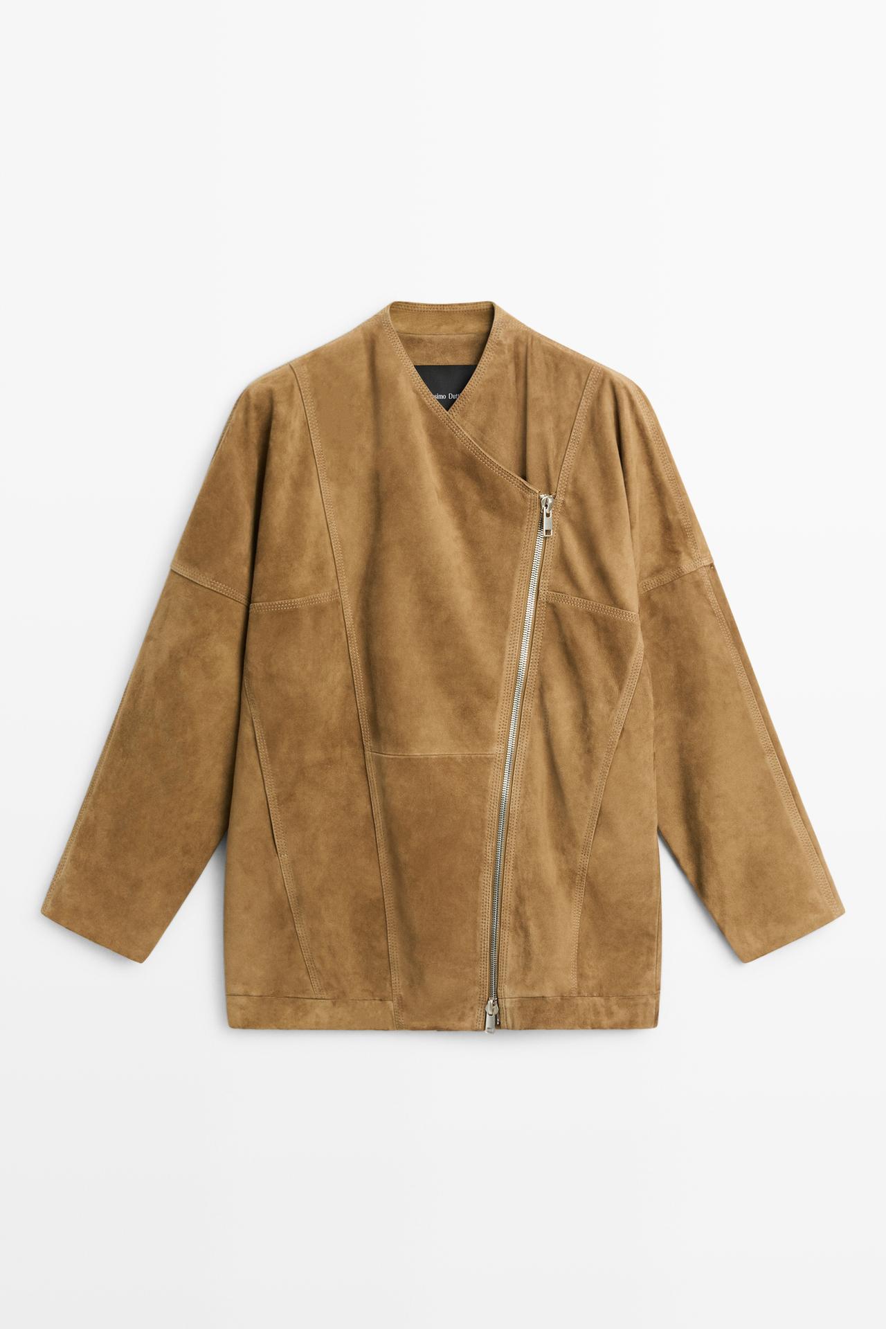 Suede leather asymmetric zip-up jacket — Washed