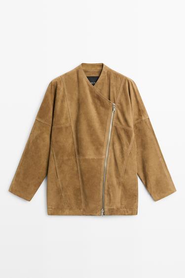 Suede leather asymmetric zip-up jacket — Washed 2