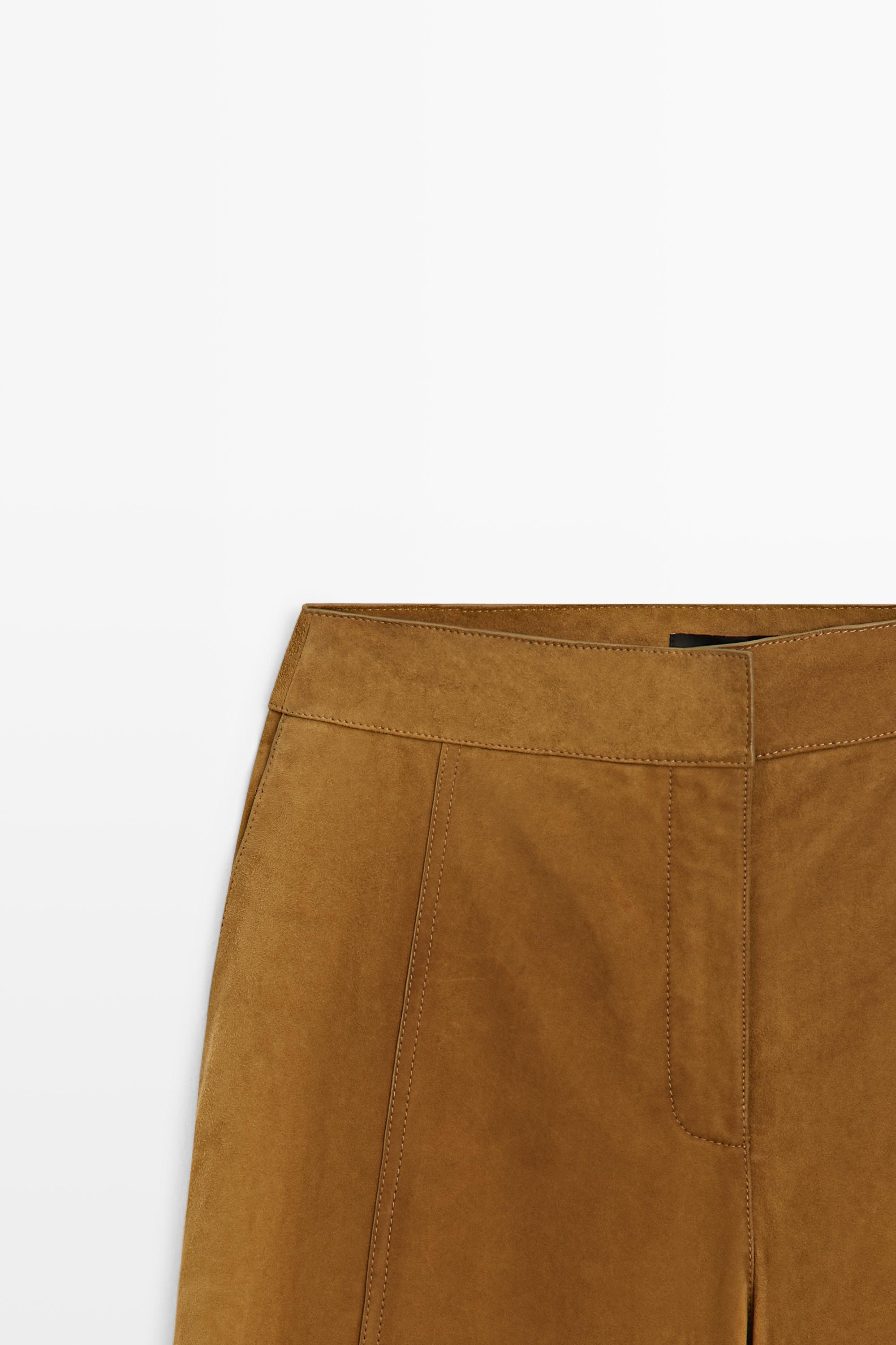 Suede goatskin barrel fit pants — DARK CAMEL