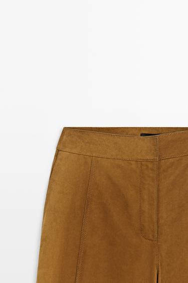 Suede leather barrel fit pants — DARK CAMEL 4