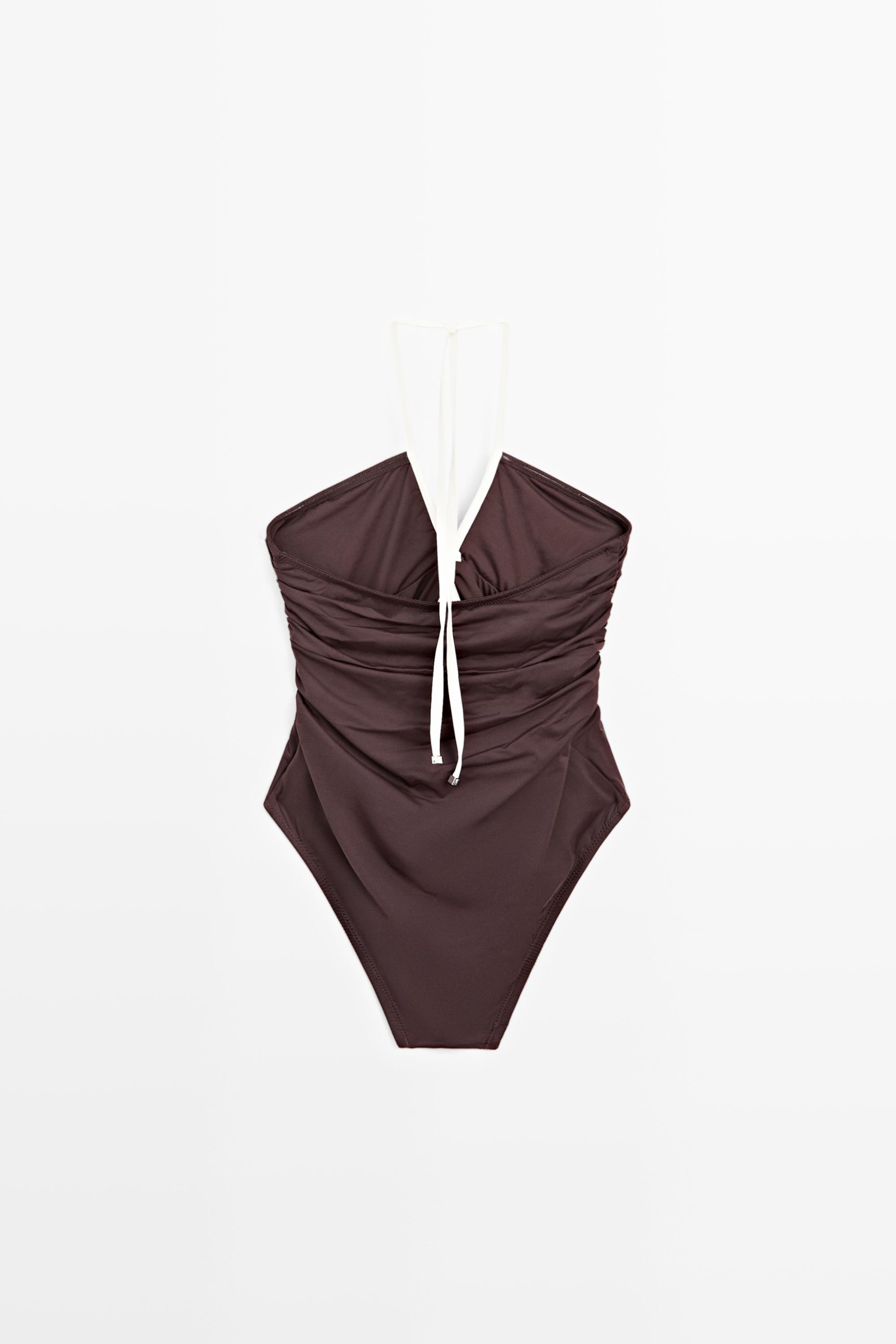 Swimsuit with contrast gathered detail — BROWN