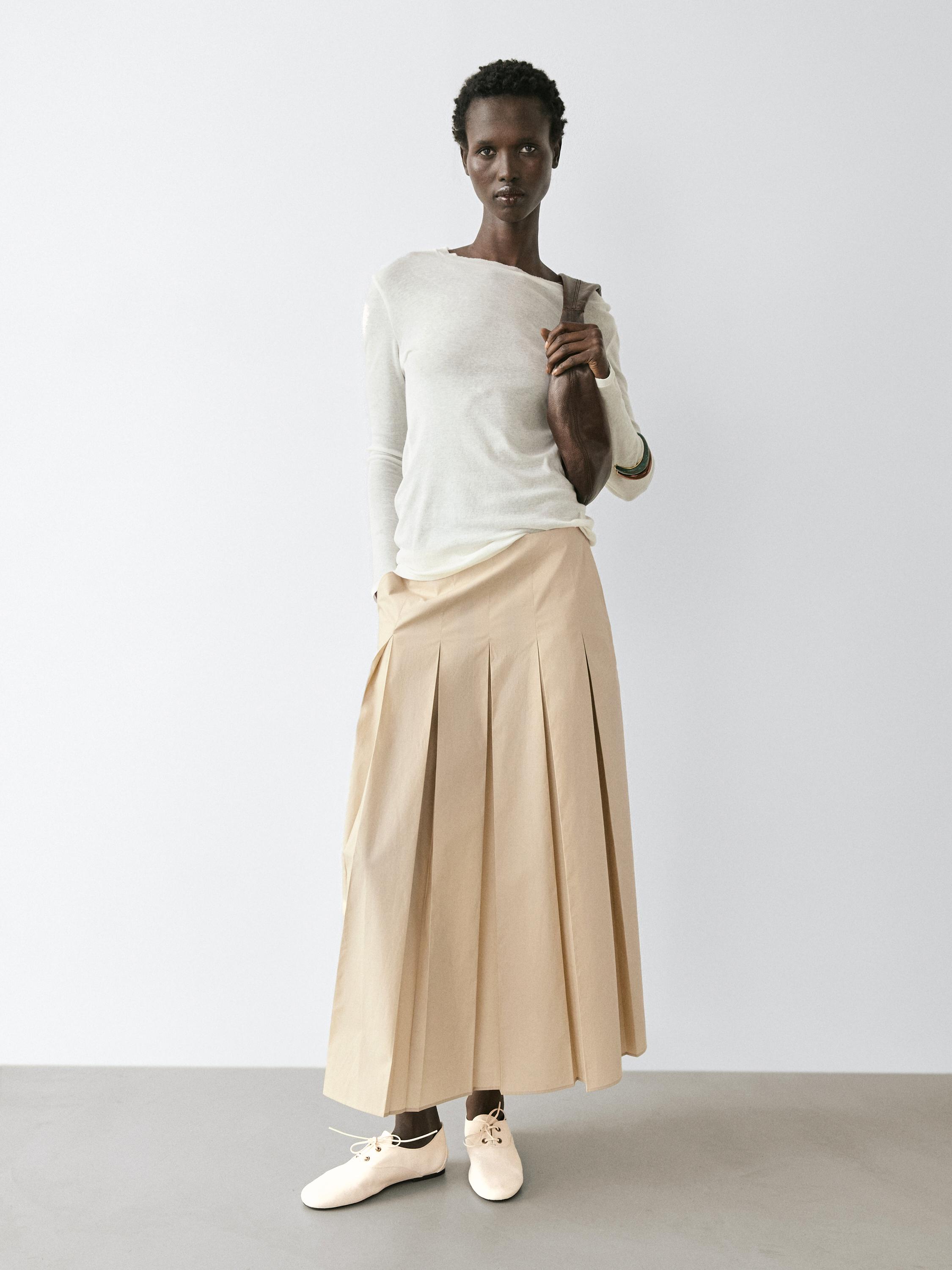 Cotton box pleat midi skirt — SAND