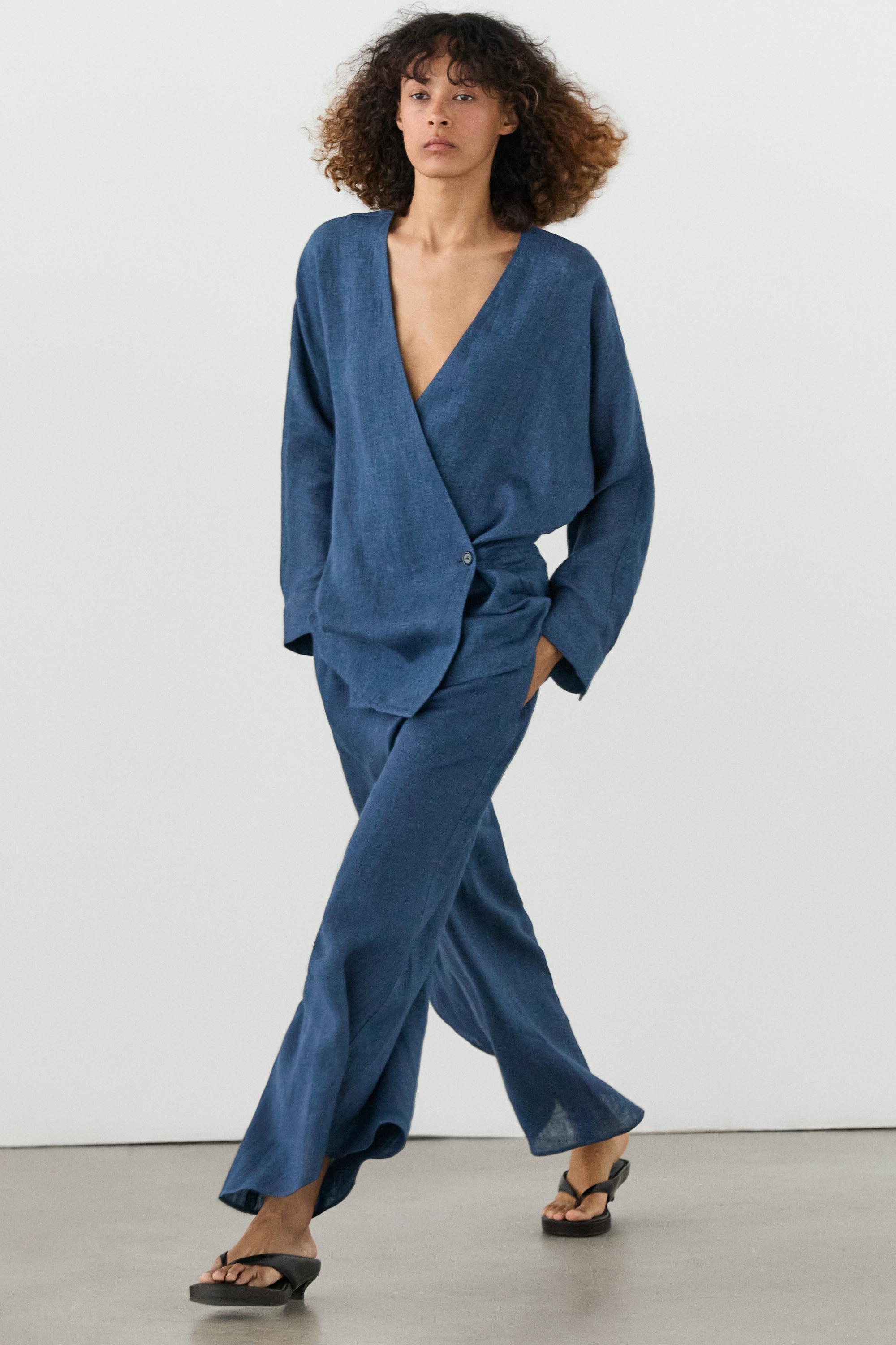 Linen total look denim-effect kimono — BLUE