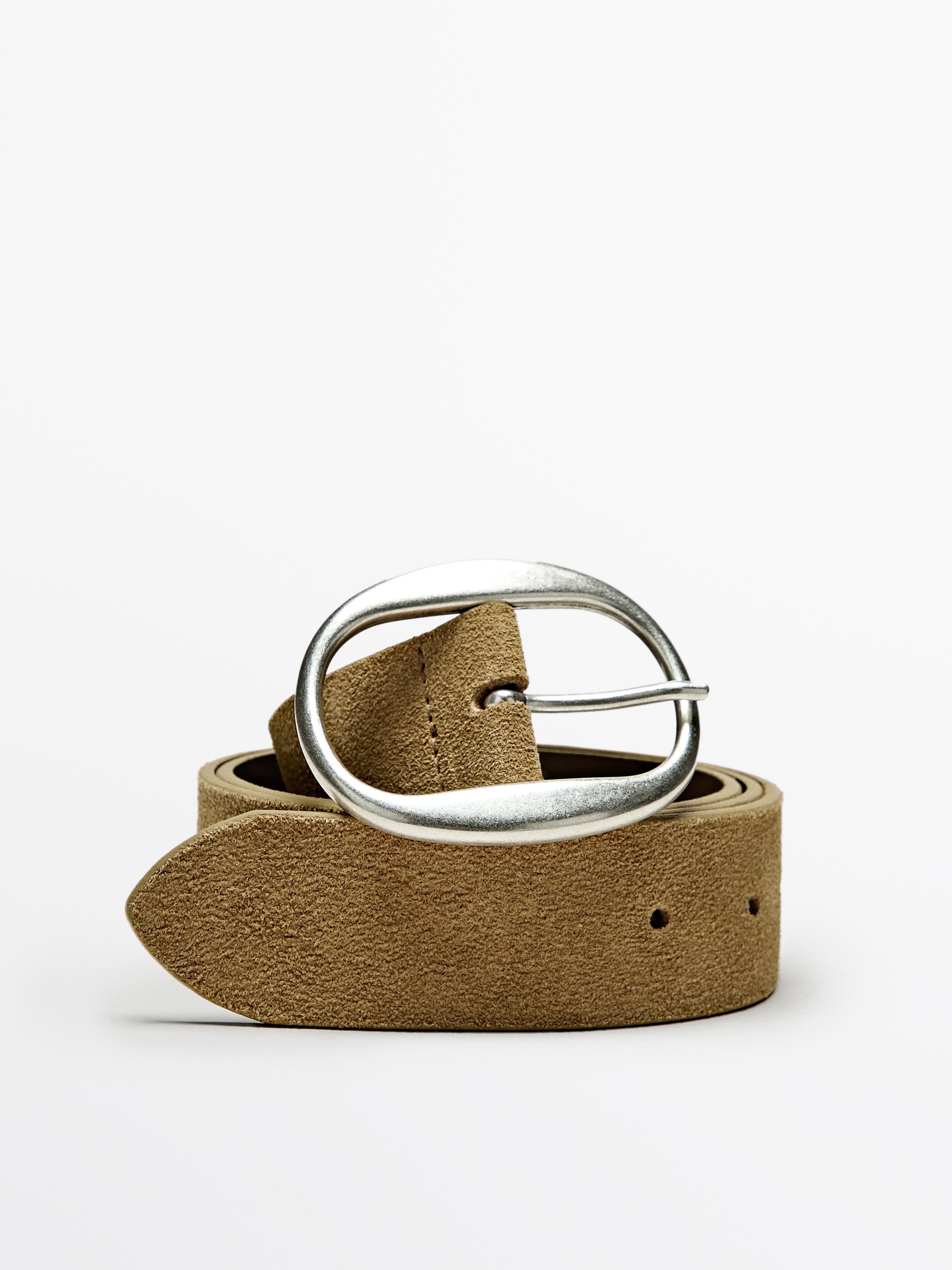 Split suede leather belt with oval buckle — SAND