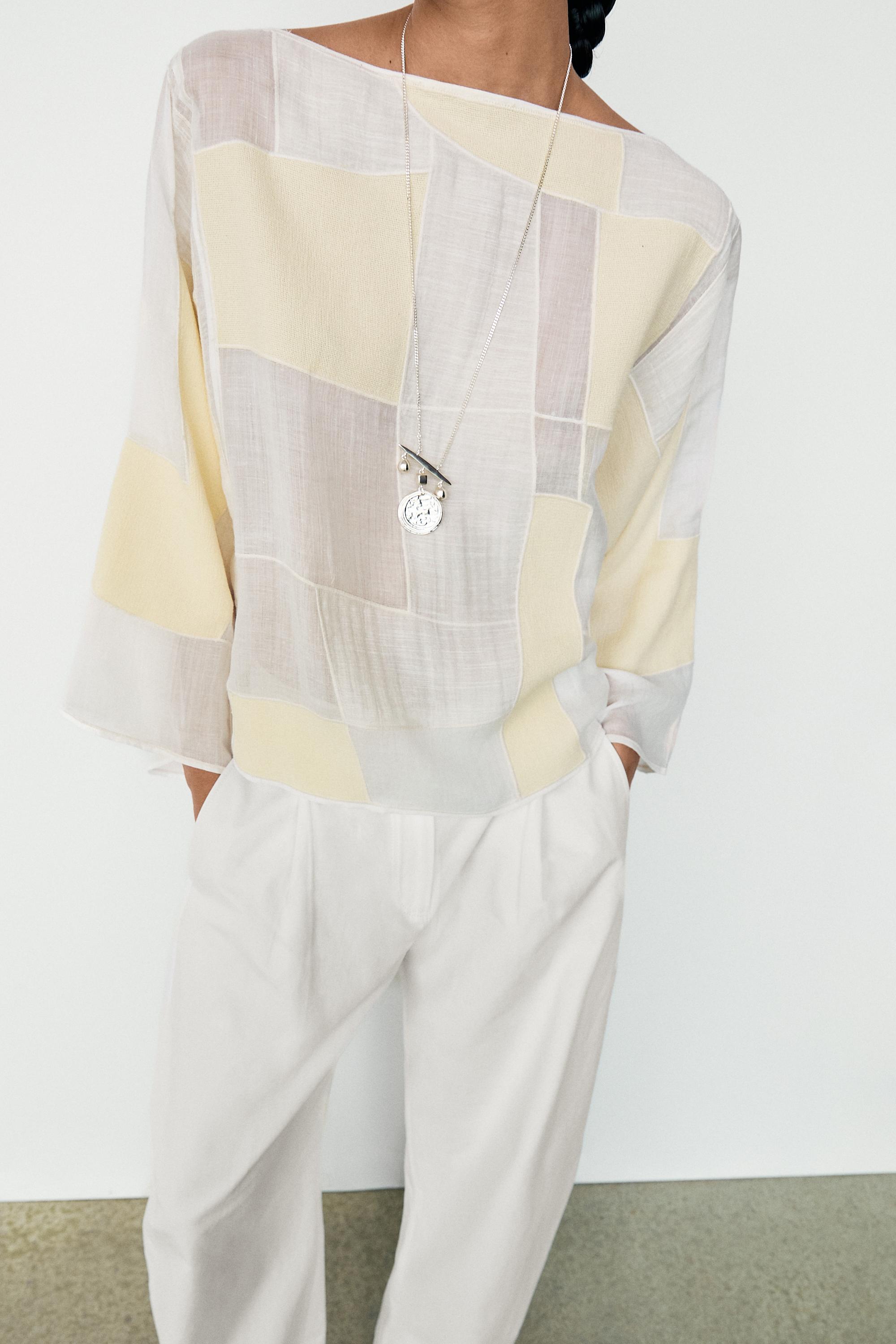 Patchwork print boat neck blouse — Off white