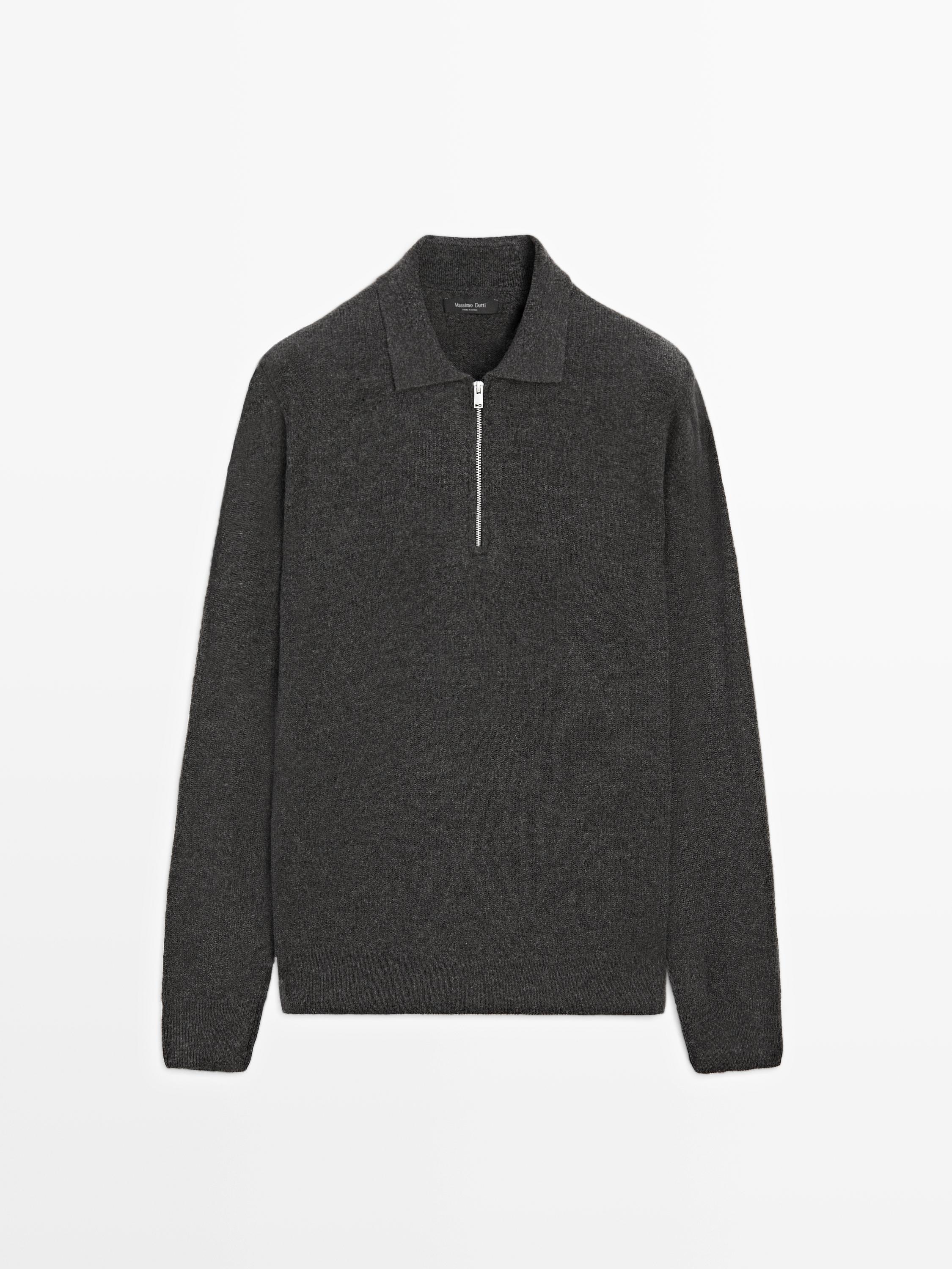 Knit wool blend polo sweater with zip