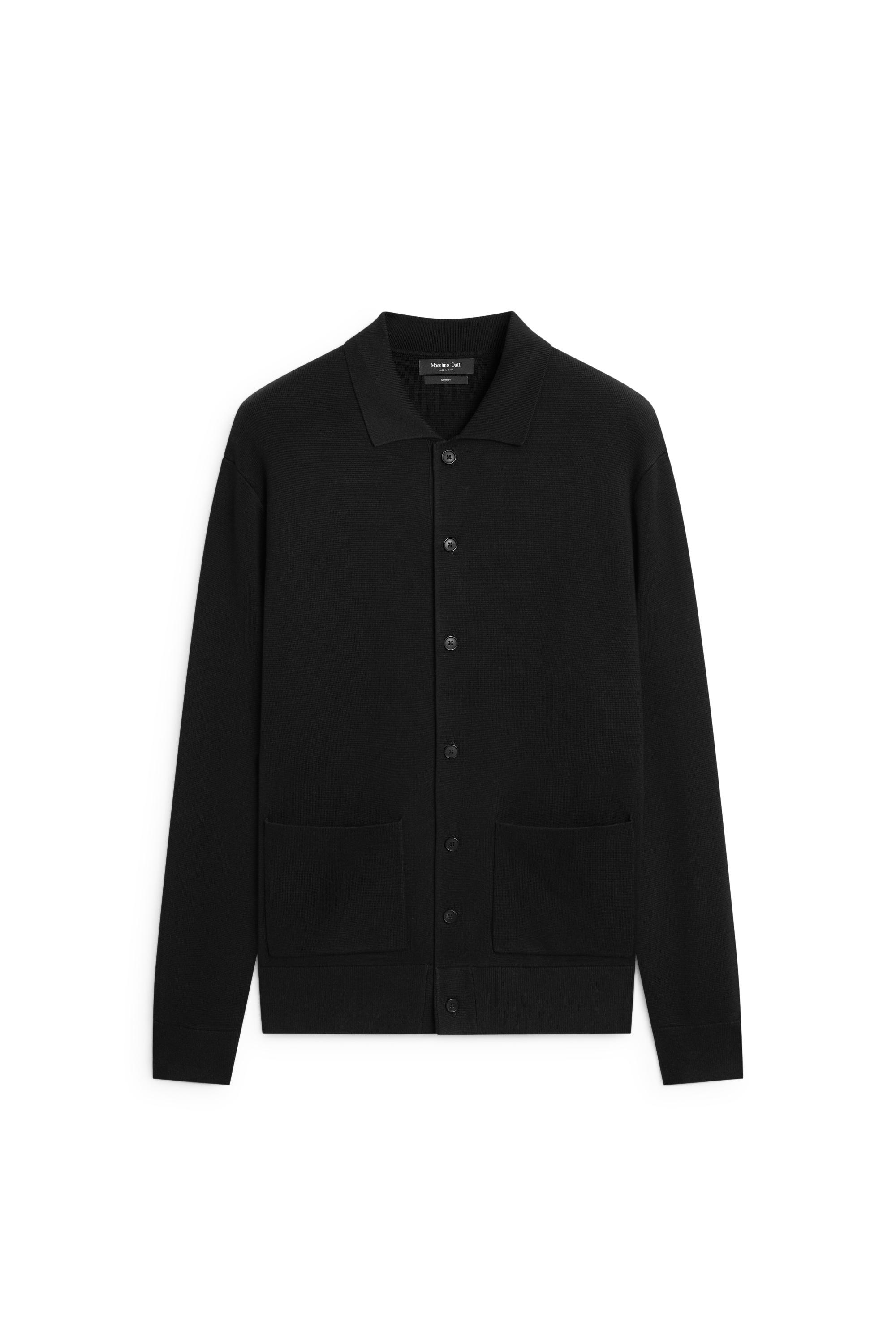 100% cotton knit polo collar cardigan — BLACK