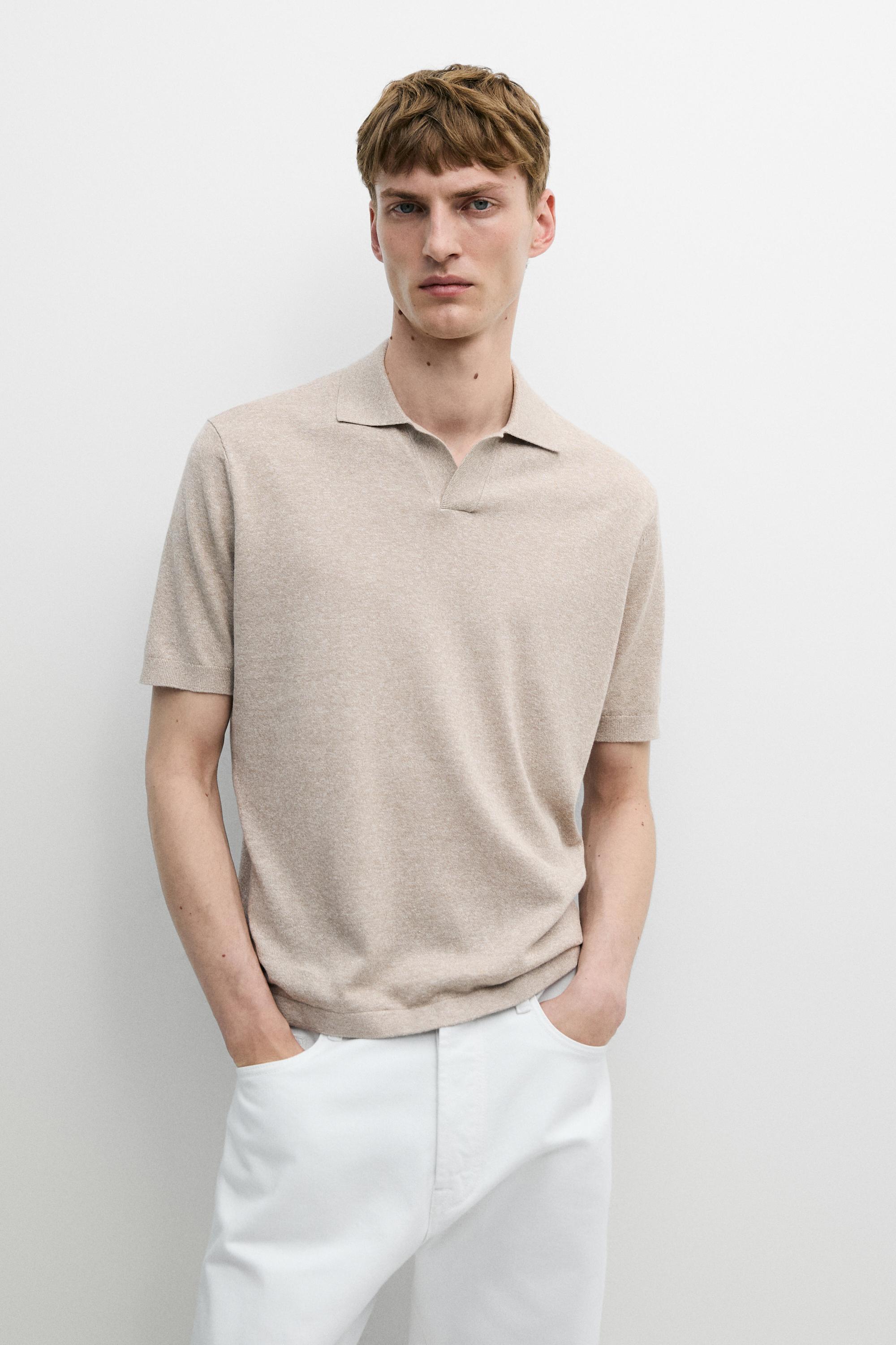 Cotton and linen knit polo sweater — BEIGE