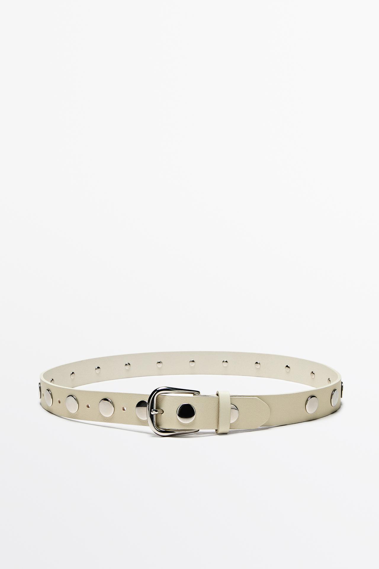 Cintura Con Fibbia Borchiata In Pelle Nappa - Bianco - M / 85cm - Massimo Dutti - Femminile