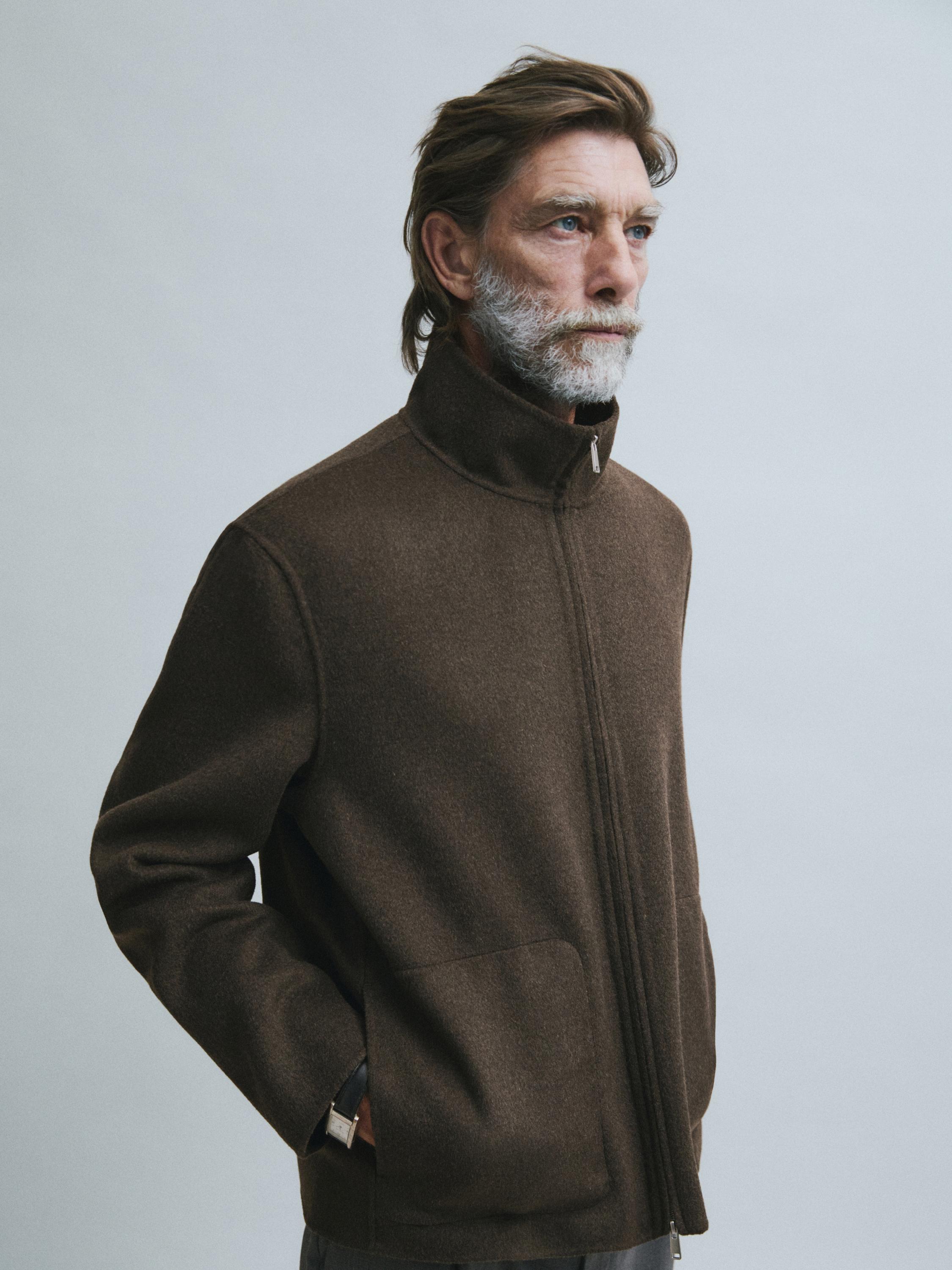 Wool blend double fabric high neck jacket — BROWN