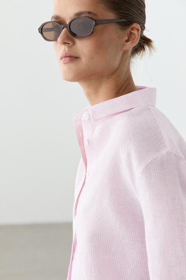 100% linen shirt with striped details — Pink 8