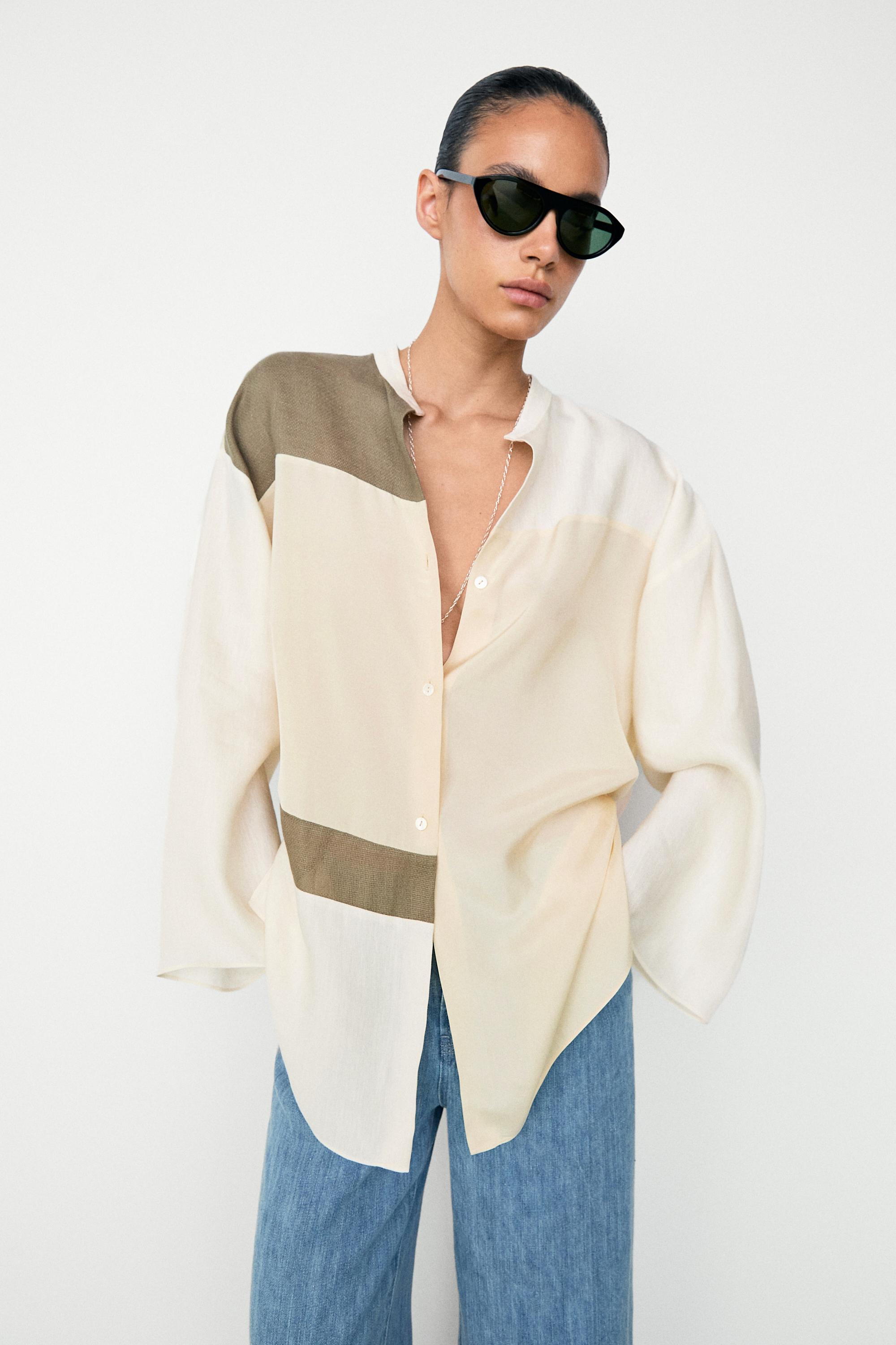 Flowing patchwork shirt with stand-up collar — CREAM