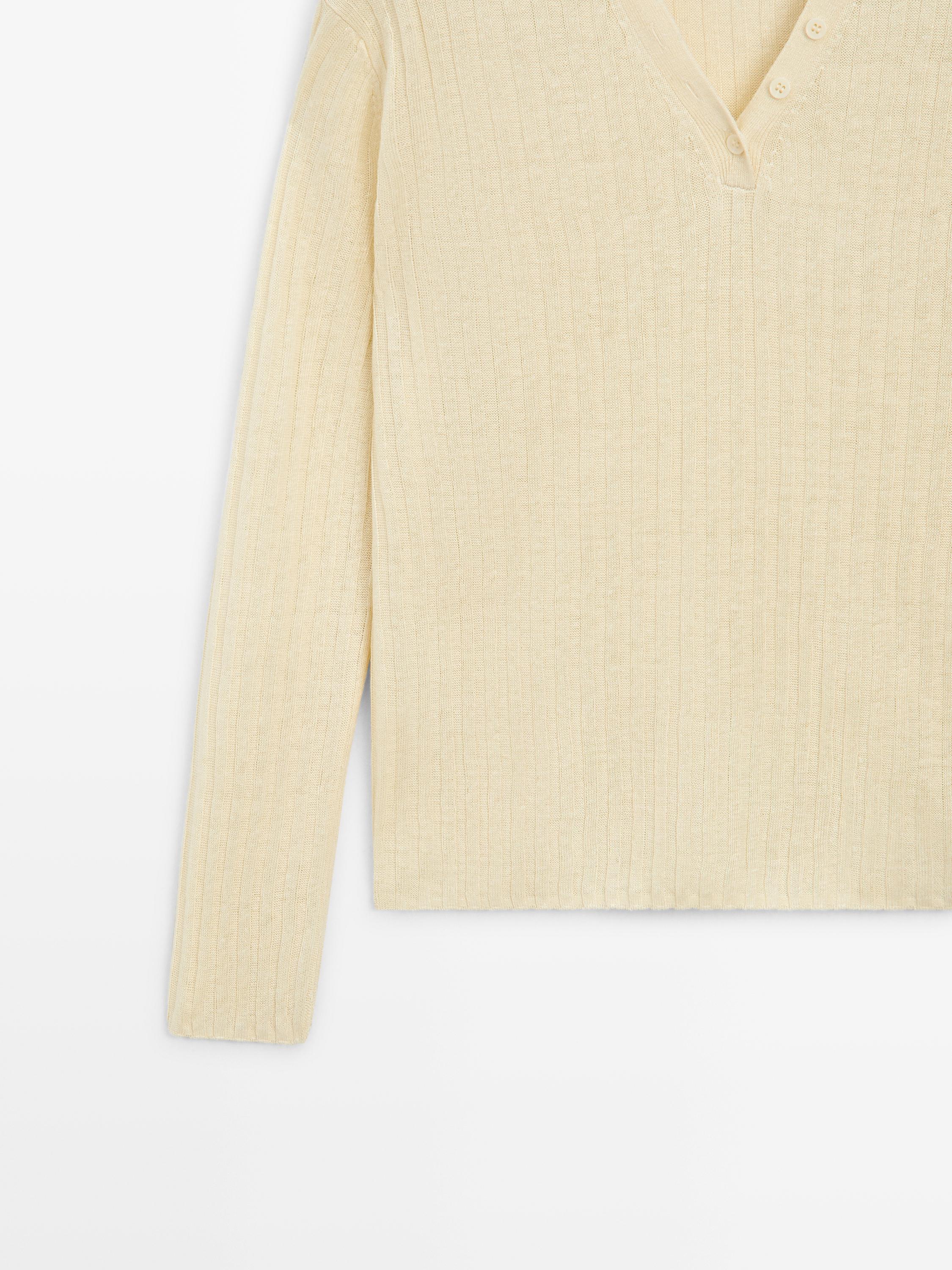 100% linen knit sweater with button details — Vanilla