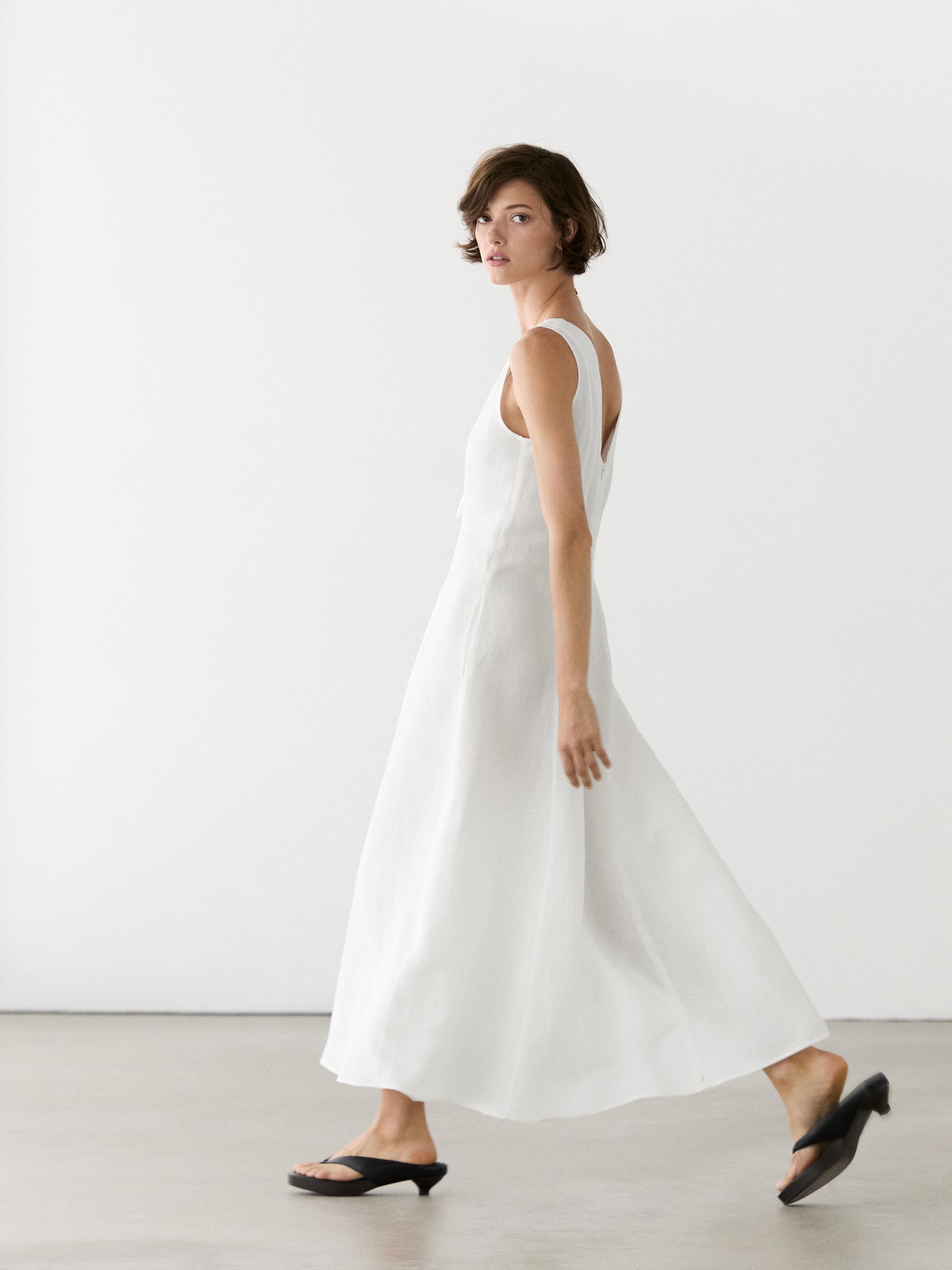 Dökümlü keten midi elbise