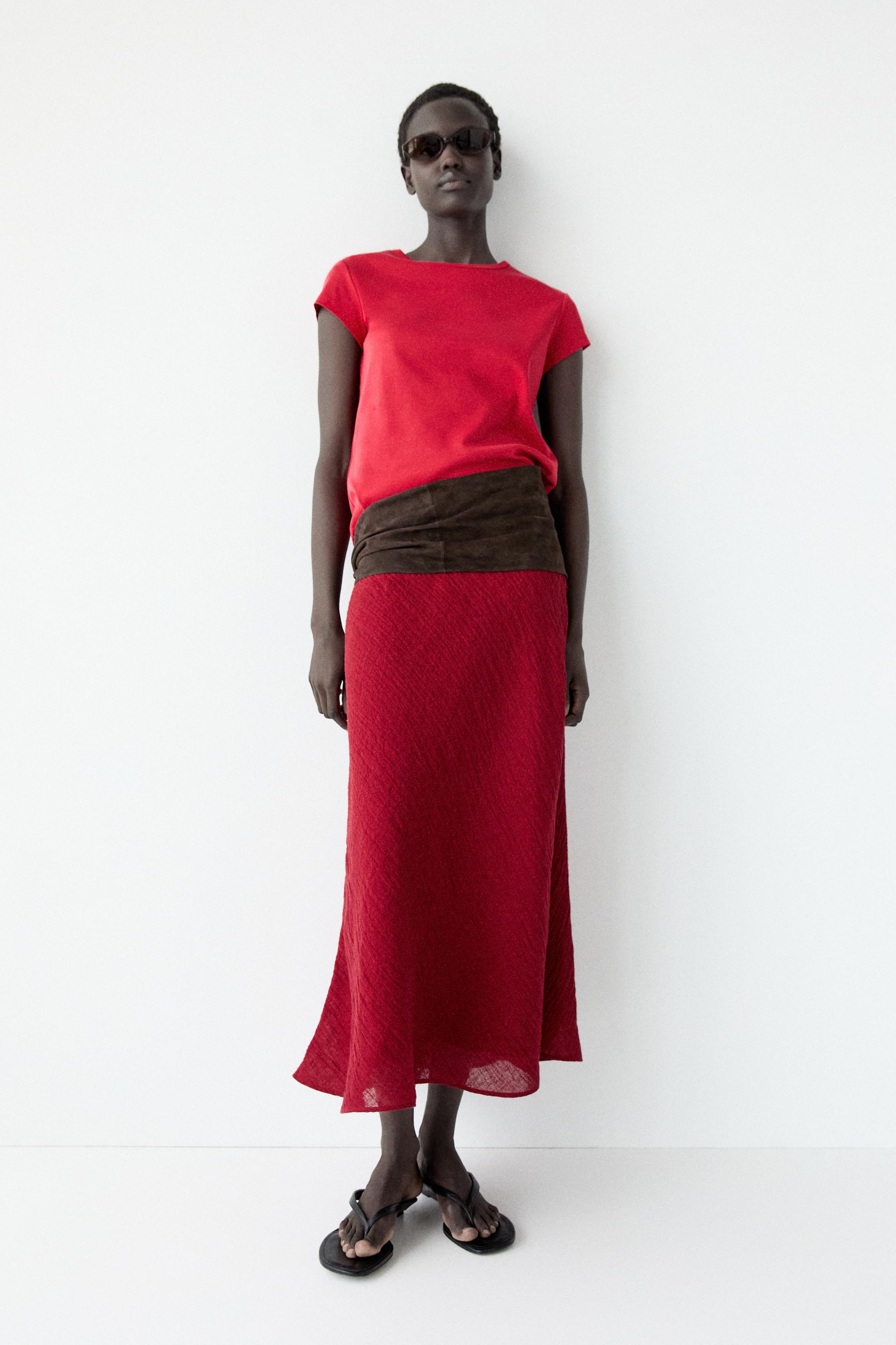 100% linen flounce midi skirt — RED