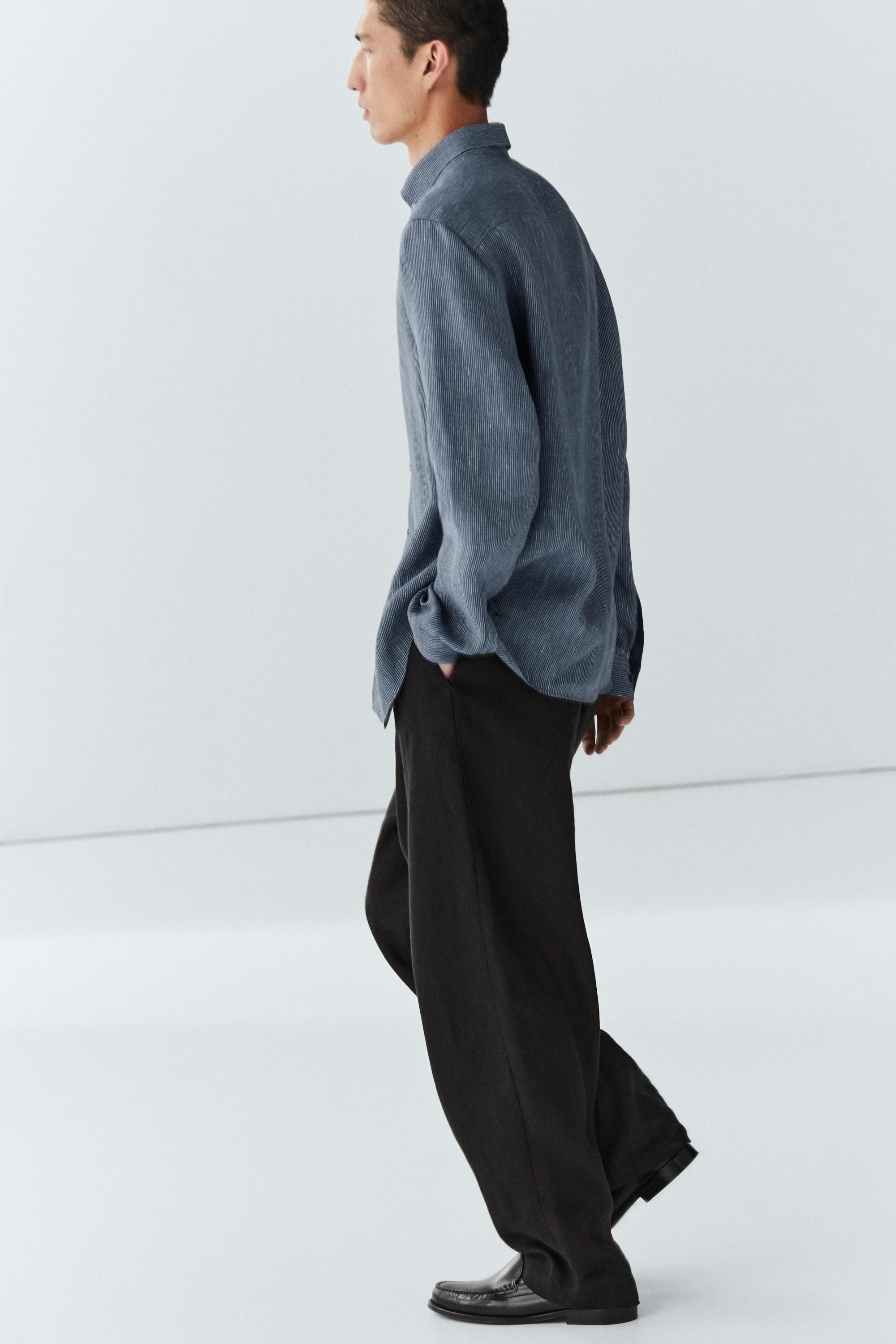 100% linen pinstriped regular fit shirt — NAVY BLUE