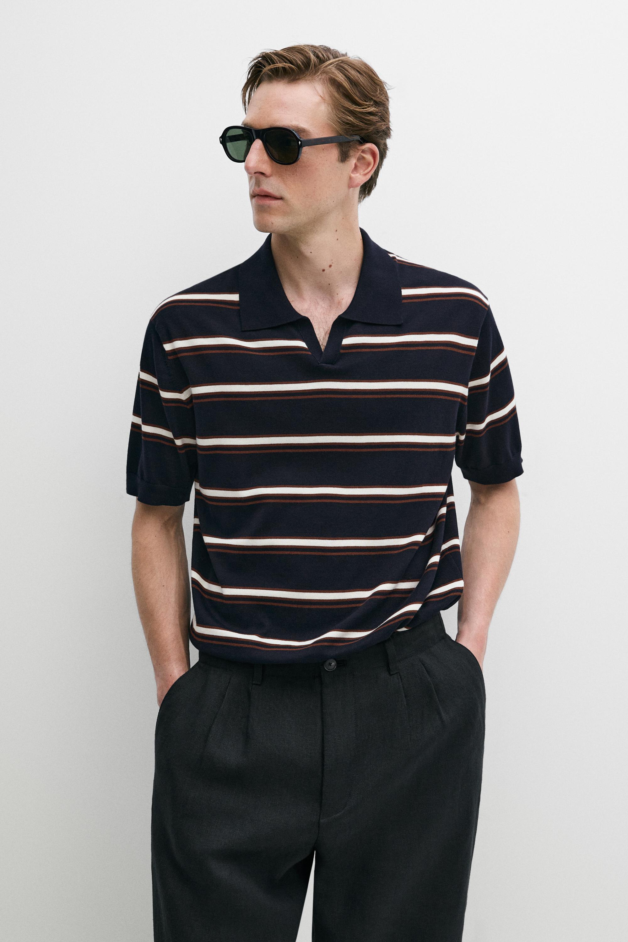 Striped V-neck knit polo shirt — NAVY BLUE