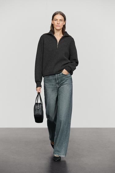 Wide collar zip-up knit sweater — ANTHRACITE GREY 1